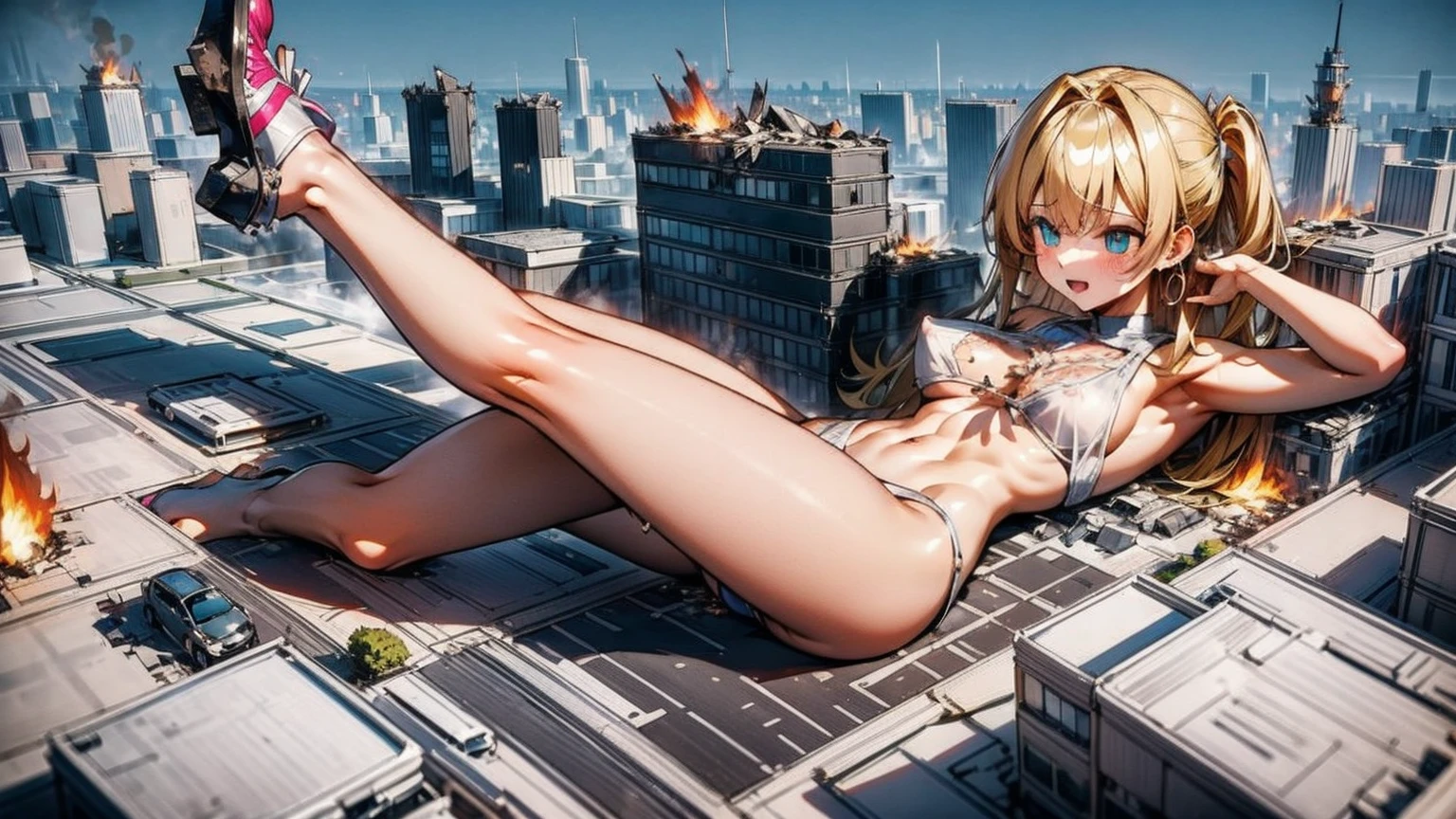 Giantess, long sexy legs, yellow hair, bikini,lying on top of destroyed buildings, city at her feet burns in flames for the destruction she has caused, tiny people climb on her body to try to defeat her uselessly. Giantess, goddess, macrophilia, curvaceous body, hentai, fetish, sexy legs, bikini, high heels, high quality, tiny people, people climbing body, giantess body, small people