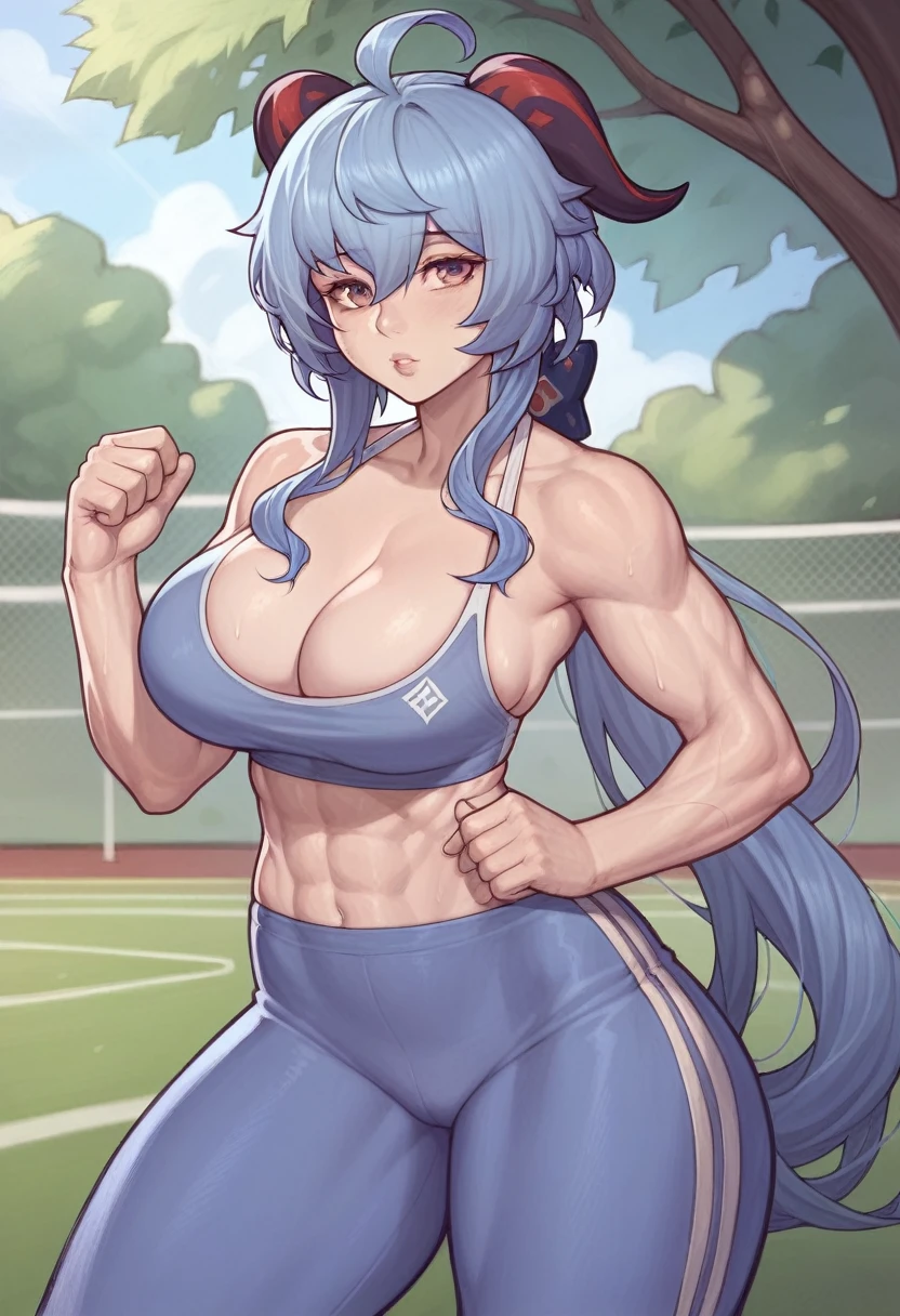 _asura style, ganyu (genshin impact), 1girl, solo, muscular, sport woman, horns, cleavage, looking at viewer, large breasts