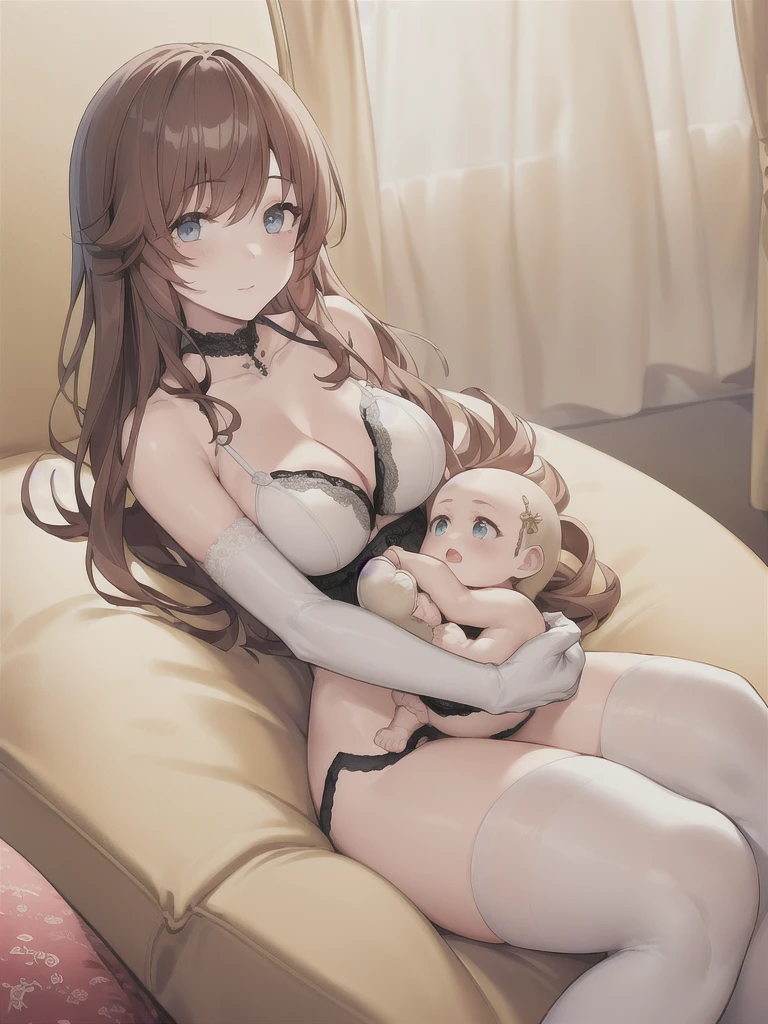 (in hotel, masterpiece, best quality:1.2), 1girl, ((holding baby, hold infant)), waving hair, (estrus, sweet temptation, lingerie), ((white elbow gloves, pattern))