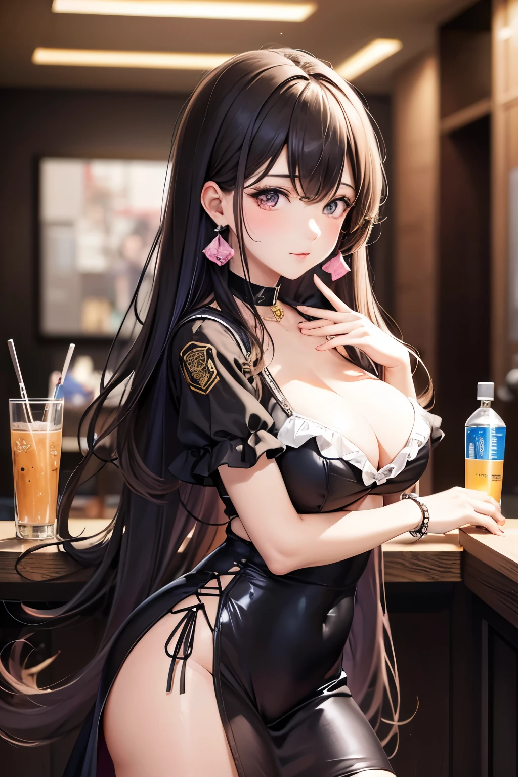 masterpiece, best quality, very detailed, high resolution, expensive resolution, high resolution, 4K, 8k, Unity 8k wallpaper, highly detailed CG, masterpiece, 2D, 3D, beautiful details, depth, fine texture, best quality: 1.3, perfectly focused, crispy skin, he,
Very cute anime girl, two girls who are employees of a night bar, sexy dress, big breasts, expensive pink medium long hair and brown short hair, two girls, night bar, mole under eye, looking at the viewer, expensive, blush, mole, lips parted,, heart, pink eyes, choker