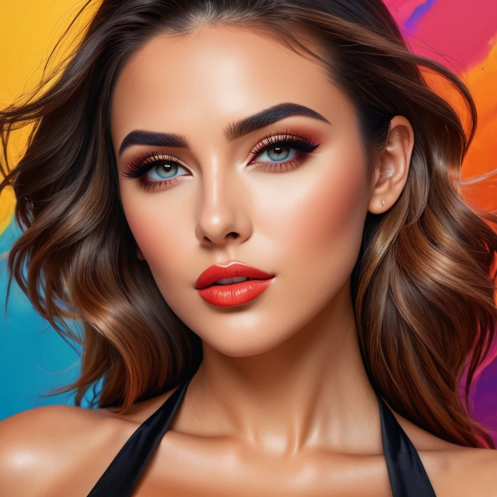 (best qualityer,8K,Hyper-Realism:1.2),swirly vibrant colors, sharp focus, incredibily detailed, studio lighting, ultra-fine painting, hair on the wind, incredibly realistic eyes and lips, Perfect facial proportions, meticulous skin texture, long eyelashes, expressive emotions, elaborate background, impeccable clothes and accessories, precise shadows and highlights, Highly realistic lighting and reflections, immaculate attention to detail,rls,((2k5)) styled, photo hyper realistic, swirly vibrant colors, 16K