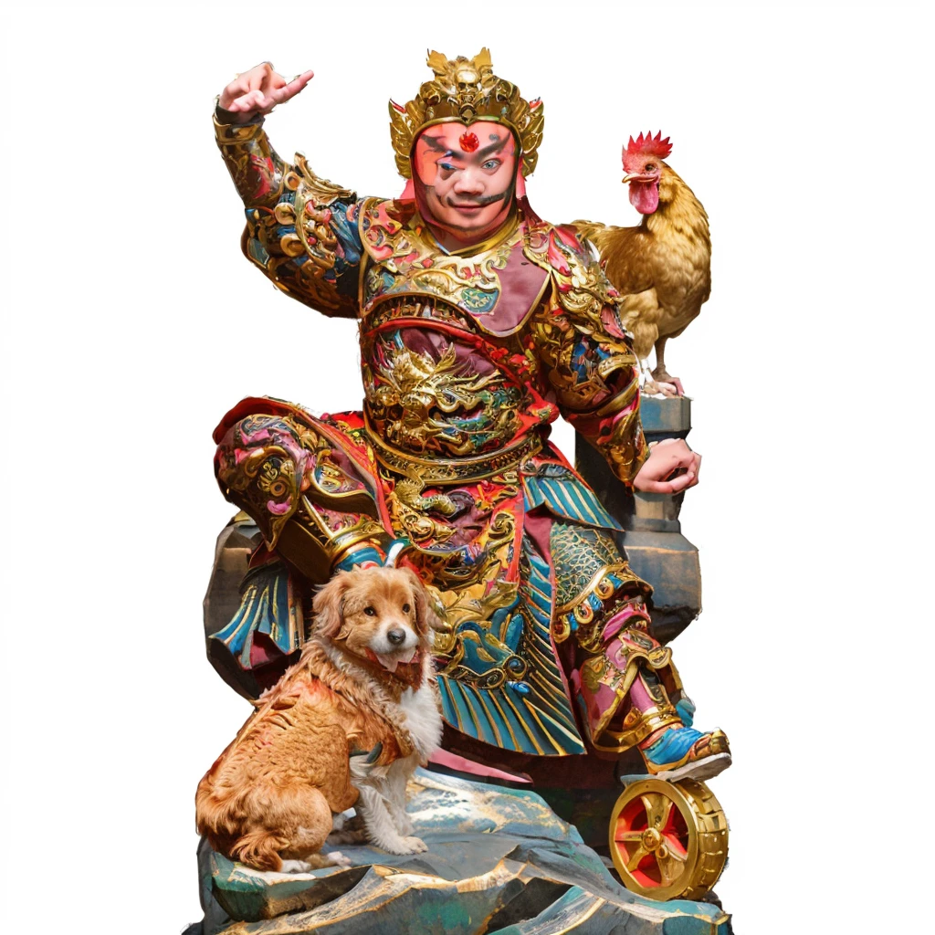 a young chinese man wearing dragon robe and armour. a dog, a rooster, chinese mythology, stepping a golden wheel, 