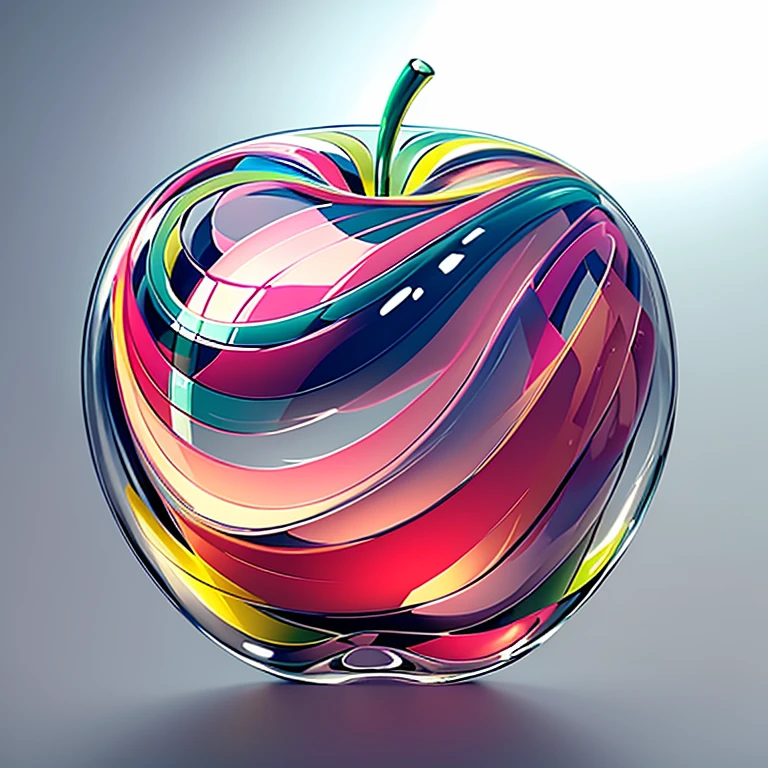 "Create a detailed illustration of a glass apple with a soft, glossy finish. The apple should be made of transparent glass and feature pastel colors similar to the attached image. Incorporate gentle layers of green, blue, yellow, pink, and purple in a harmonious blend. The apple should capture the light beautifully, creating subtle reflections and highlights. Ensure the design is delicate and elegant, emphasizing the glass material and its colorful, luminous quality."
