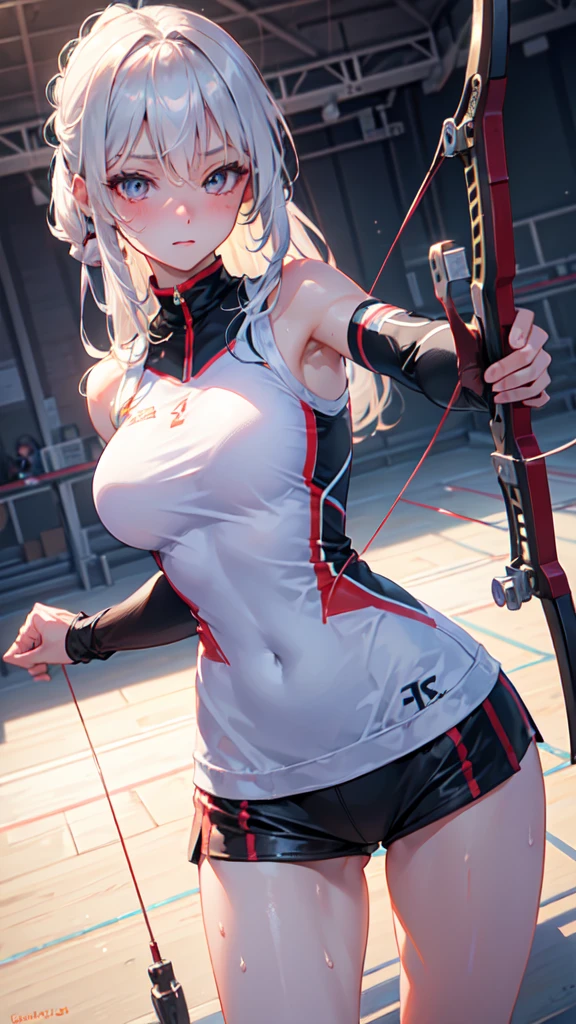 high quality,hd,16k,sharp line,1girl,female archery athlete ,cute face, large breasts, slender body, delicate body,nice legs, sweat,in archery venue,focus girl,detailed beautiful face,detailed clothes,beautiful eyes,pretty,dynamic angle