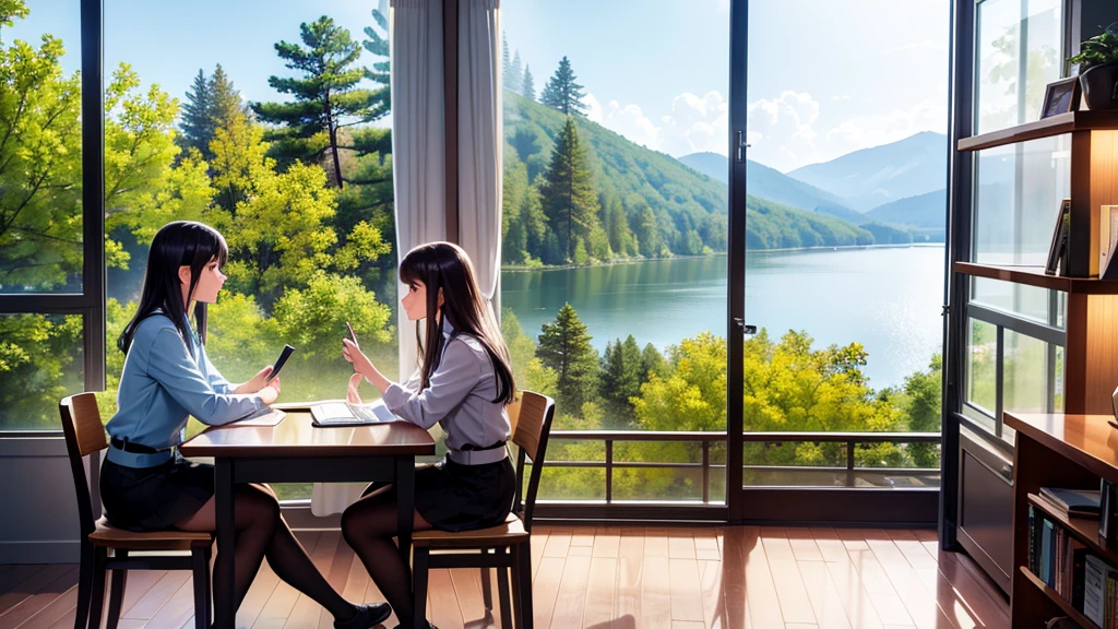 master class,ultra high definition,The scenery outside the window shows a dense forest and a calm large lake.,Two girls studying together while sitting at different desks and looking at books, The atmosphere in the house is well organized and feels warm and comfortable.
