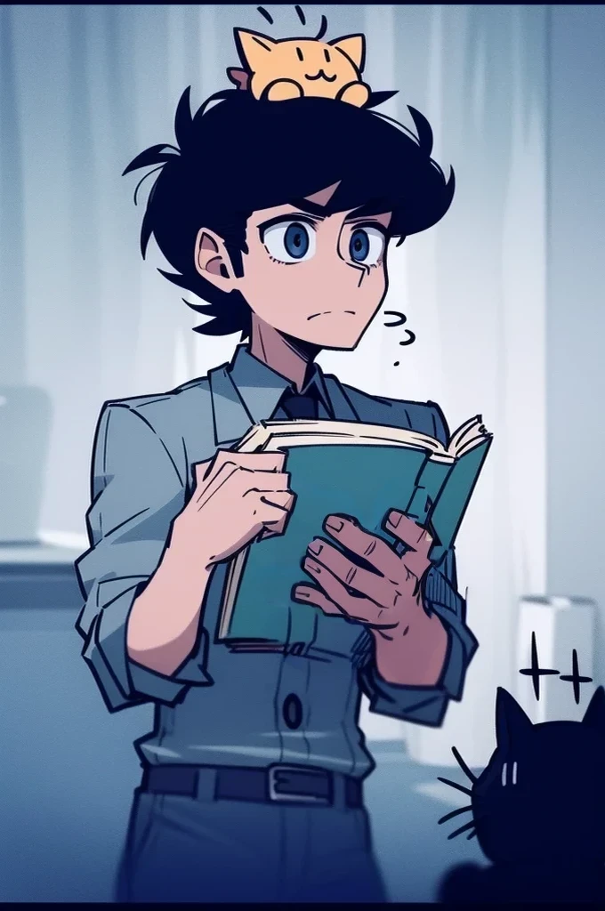 Draw a picture of a man about with black hair, reading a book, and there is a small puppy on his head.