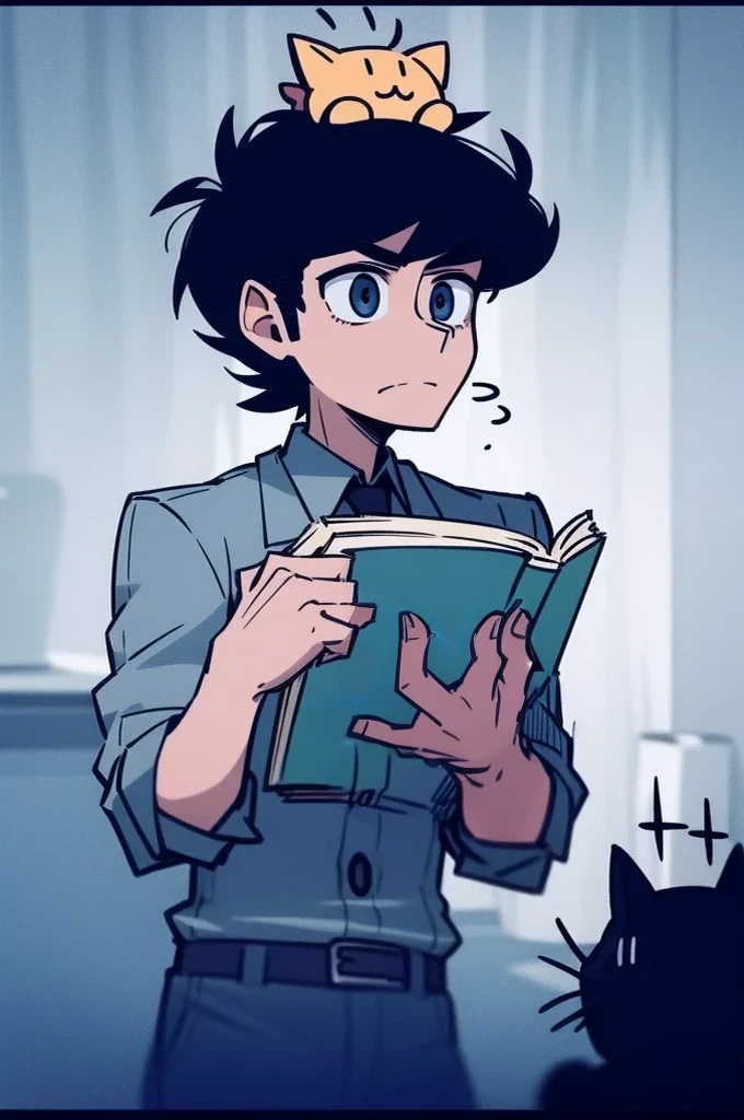 Draw a picture of a man about 15 years old with black hair, reading a book, and there is a small puppy on his head.

