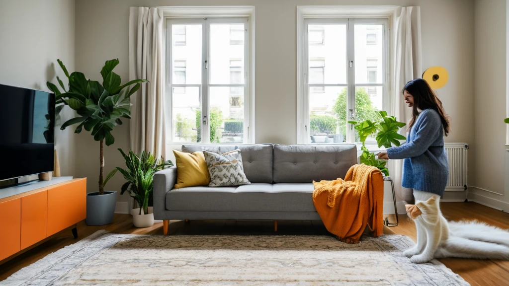 Bright, modern living room scene featuring a young woman with light skin and long brown hair, wearing a grey sweater and blue jeans, kneeling on a light-colored patterned rug. She is smiling and engaging with a fluffy orange and white cat, which is standing on its hind legs and reaching out with its paw. The room is well-lit with natural light streaming in from a large window adorned with a hanging plant. The background includes a wooden TV stand with a flat-screen TV, a small potted plant, and a decorative item. A grey couch with yellow and white pillows is visible on the right side. The image has a warm and inviting atmosphere. The text overlay reads 'Robert Le' in white font.