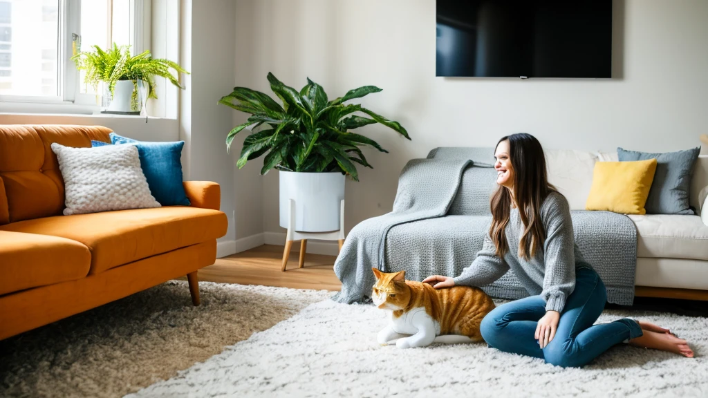 Bright, modern living room scene featuring a young woman with light skin and long brown hair, wearing a grey sweater and blue jeans, kneeling on a light-colored patterned rug. She is smiling and engaging with a fluffy orange and white cat, which is standing on its hind legs and reaching out with its paw. The room is well-lit with natural light streaming in from a large window adorned with a hanging plant. The background includes a wooden TV stand with a flat-screen TV, a small potted plant, and a decorative item. A grey couch with yellow and white pillows is visible on the right side. The image has a warm and inviting atmosphere. The text overlay reads 'Robert Le' in white font.