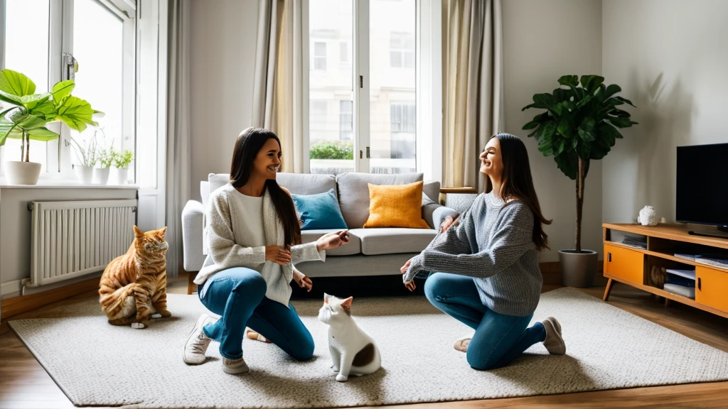 Bright, modern living room scene featuring a young woman with light skin and long brown hair, wearing a grey sweater and blue jeans, kneeling on a light-colored patterned rug. She is smiling and engaging with a fluffy orange and white cat, which is standing on its hind legs and reaching out with its paw. The room is well-lit with natural light streaming in from a large window adorned with a hanging plant. The background includes a wooden TV stand with a flat-screen TV, a small potted plant, and a decorative item. A grey couch with yellow and white pillows is visible on the right side. The image has a warm and inviting atmosphere. The text overlay reads 'Robert Le' in white font.
