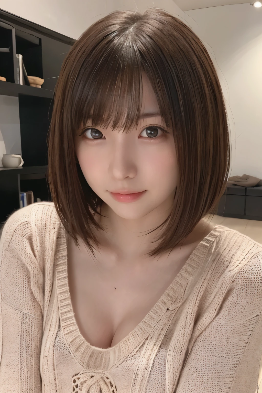 One Girl, (Beautiful girl, Delicate girl:1.3), (:1.3),
break, Browsing Caution, (nude, Oversized knitted sweater:1.2), (nudeを公開する, Nipples:1.3),
break, (Bedroom),
break, Very beautiful eyes, (Symmetrical eyes:1.3),
break, Small breasts, Brown eyes, Parted bangs, Brown Hair, (Upper teeth, The best smile:0.2),
break, (Eye and facial details:1.0),
break, (masterpiece, Highest quality, Super detailed, Detailed face, 8K)