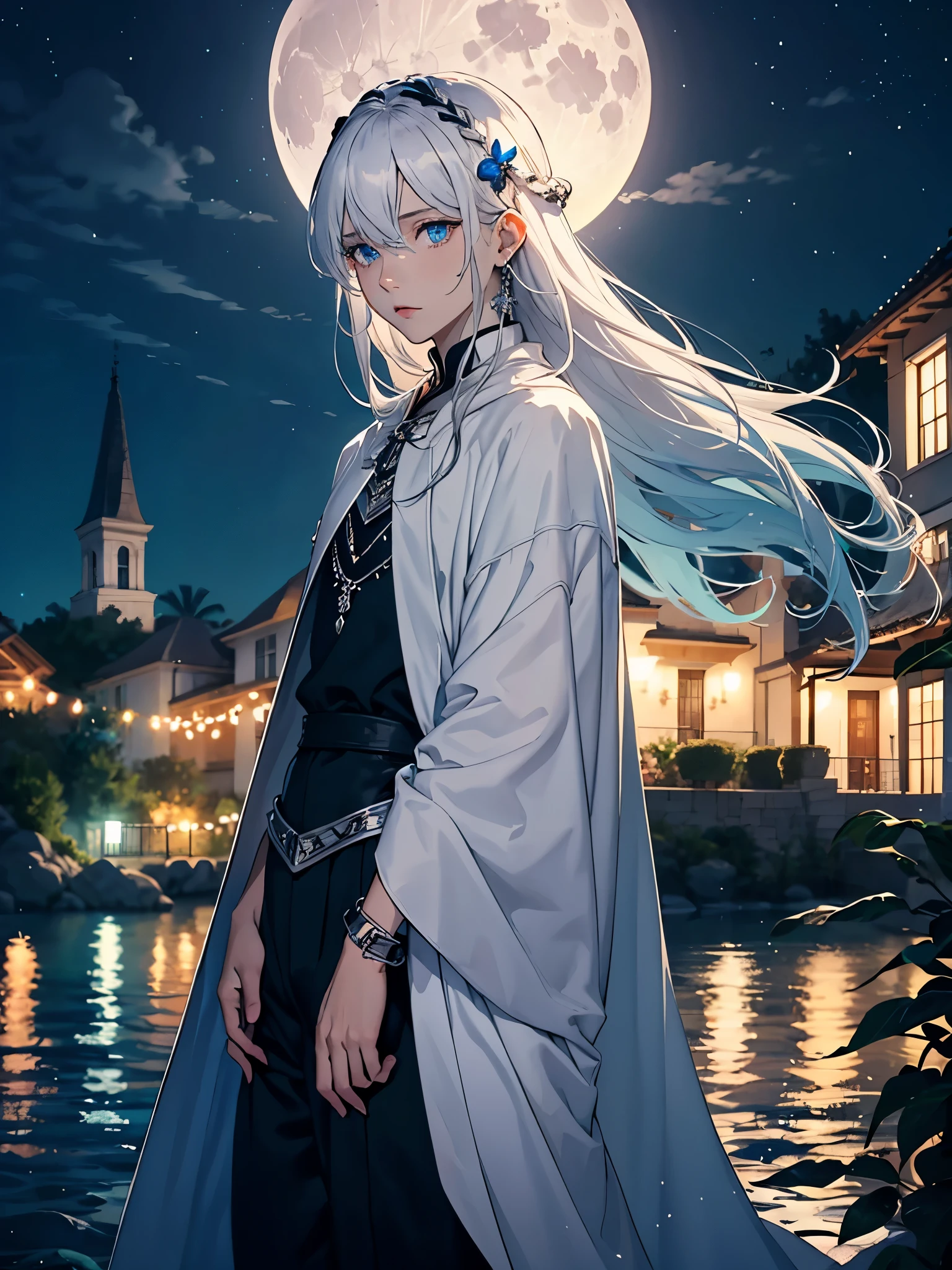 Blaue kleidung. boy. Boy. tao. silver jewelry. feminineer. White clothing. Light blue. feminine. Long hair. long white hair. aquatic, boy, Goddess of the Moon, silver hair accessories, White hair, White dress, cape, at night, saturated colors, light eyes, bright, light blue light, blue eyes, Jewelry silver, bluish light, Full moon in the background, aquatic in the air pink candles