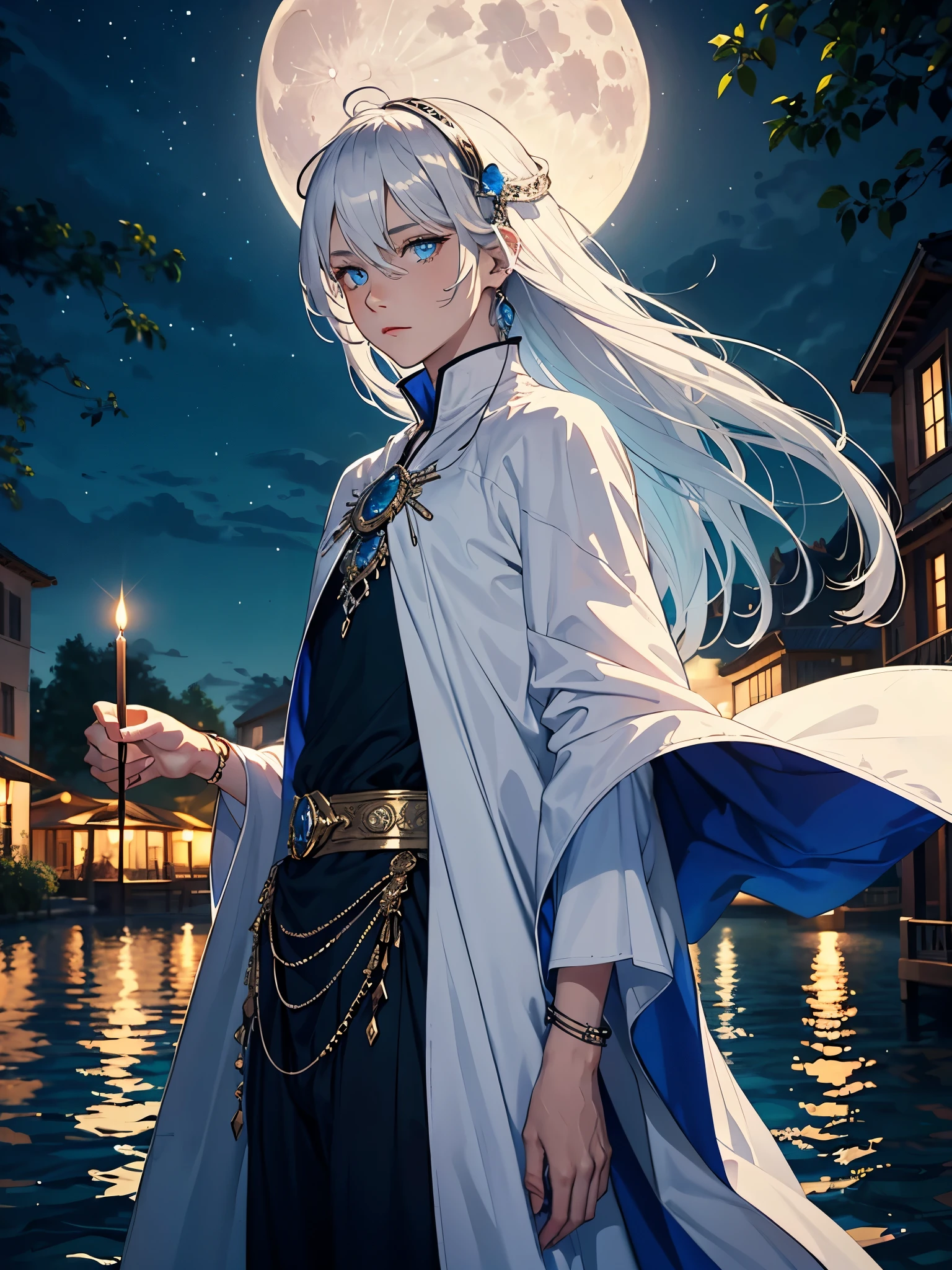 Blaues licht. Lange haare. Leuchtend. Hell. Sterne. Sehr Lange haare. Mehr anime. aquatic, boy, Goddess of the Moon, silver hair accessories, White hair, White dress, cape, at night, saturated colors, light eyes, bright, light blue light, blue eyes, Jewelry silver, bluish light, Full moon in the background, aquatic in der Luft rosa kerzen