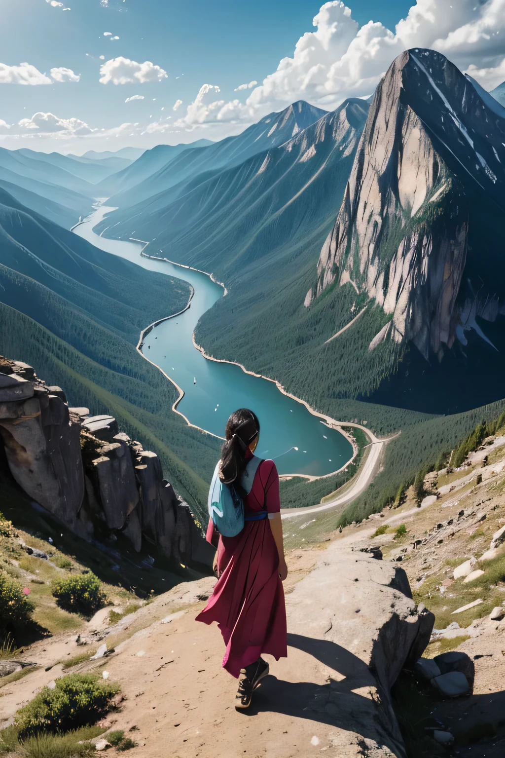 A young South Asian woman with determined eyes and a smile reaches the summit of a steep, rocky mountain peak. Her clothes are windswept and slightly dusty, but she stands tall and proud. Below her, clouds swirl around the lower slopes of the mountain, creating a sense of awe and accomplishment. In the distance, a vast, sun-drenched landscape stretches out, with rolling hills, forests, and a sparkling river visible. Choose a realistic art style with a touch of idealism.
Use vibrant colors to depict the beauty of the landscape and the woman's inner strength. The overall mood should be one of triumph, perseverance, and the limitless possibilities that come with achieving a challenging goal.
