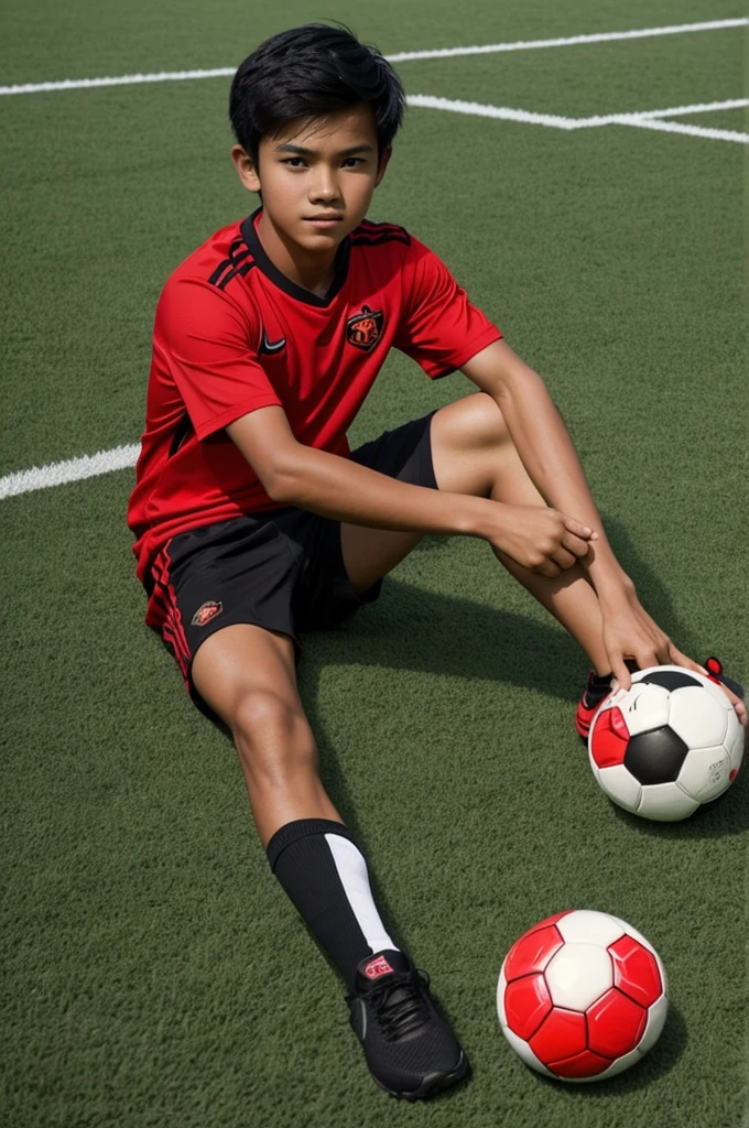 Thai boy with tan skin and black hair, wearing a red shirt and black shorts, sitting on the ground holding a soccer ball. He has visible hair on his arms and legs.