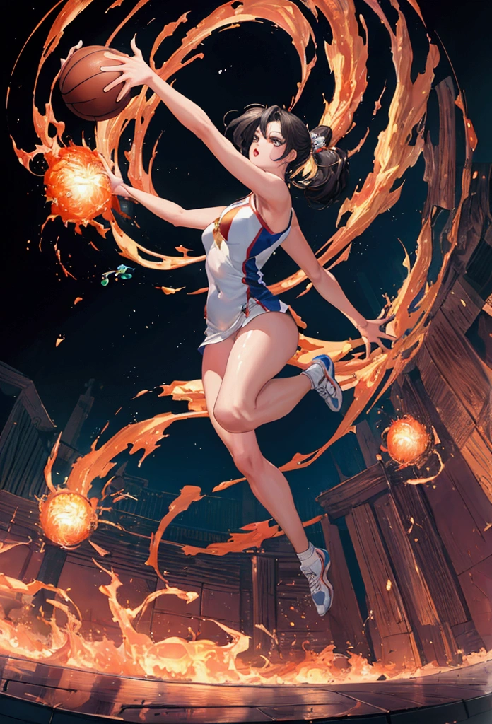 ((Masterpiece, top quality, high resolution)), ((highly detailed CG unified 8K wallpaper)), (stunning goddess shot, so hot and sexy, jaw dropping beauty, perfect proportions, beautiful body, slim body beauty:0.8)Son Go Ku from Dragon Ball (playing basketball doing slam dunk(ball in hand))((jumping and throwing the ball to the ring)) two hands on the ball, thirty degrees left view, view from below, fire flames trail behind the hands, epic stance, iconic slamdunk stance, wide lens viewer, super detailed, long shot, fish eye lens, best quality wallpaper, 8k, absurdity, expressive realism, perfect lightness, dunk like nebula explosion