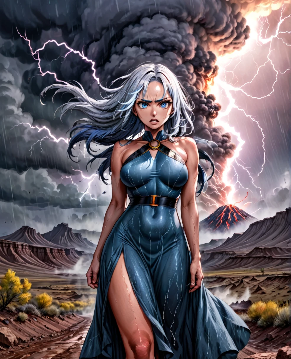 female storm goddess, perfect face, clear eyes, voluminous hair,  smoke dress, 0k3dr3ss,  martius_storm, tornado, hurricane, volcano area, lightning, 22yo, vibrant colours, visibly heavy rain, caucasian, badlands