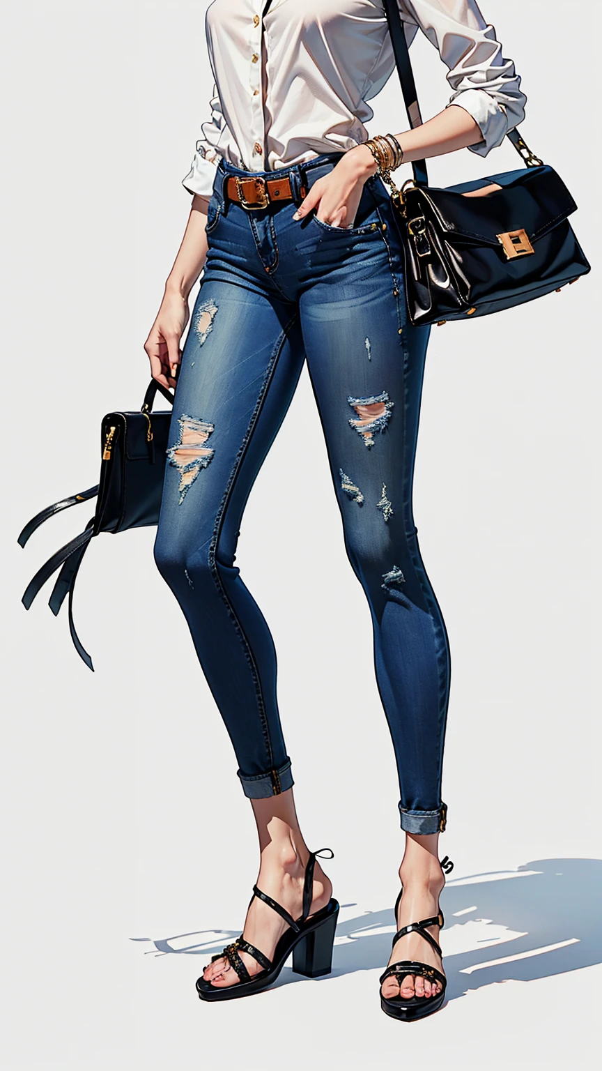 ((best quality,4k,highres,masterpiece:1.2)),((character concept art)), 1 female, age 17. For a casual weekend outfit, (((she's dressed in a relaxed yet chic ensemble by Hermes. She's wearing a simple white Hermes silk blouse paired with the brand's iconic high-waisted, belted denim jeans))). The outfit is completed with a pair of comfortable Hermes Oran sandals, perfect for a casual weekend outing. Her accessories include a classic Hermes Evelyne cross-body bag and a stylish Hermes enamel bangle. Despite the casual nature of her outfit, her style exudes an air of effortless elegance and sophistication that is characteristic of the Hermes brand. ((intricate detail)), super finely detailed hands, ultra finely detailed fingers(((ten fingers))), (standing casually), (full body showcase), (show full body), (no logos on background), (no logo), ((plain background)), ((plain background)), (((empty background))).