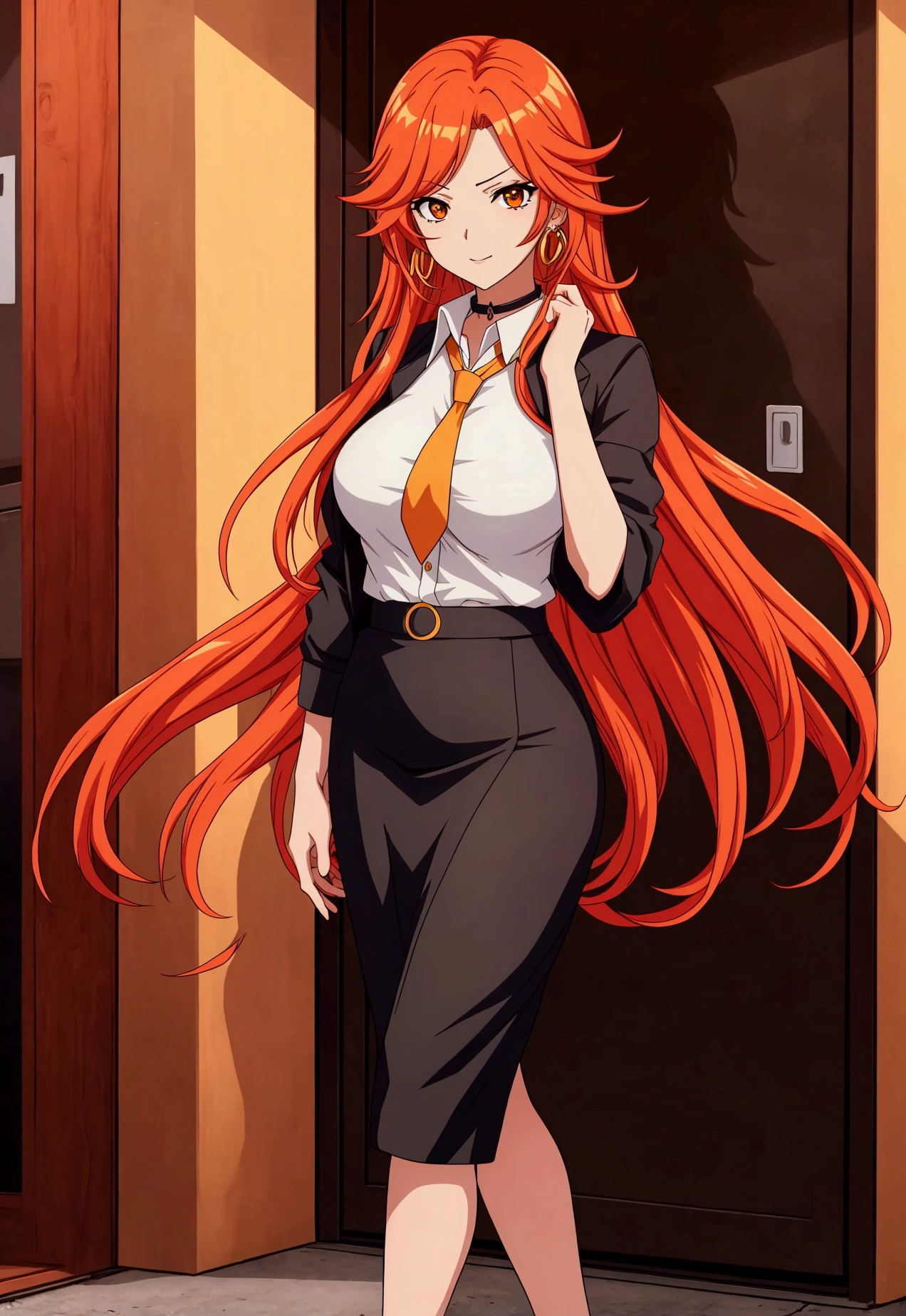 olbusiness attire，Anime girl with long red and orange hair, 28 years old，long hair anime girl, She has long orange-yellow hair., Attractive anime girl,shirt，白shirt，Black hip skirt，business attire，office，city building，现代office，Very long hair，Large Breasts,Keep files,Exciting appearance，Front view，First Perspective，high quality，16K，Exciting appearance，very clearly，Exquisite mature facial，Royal sister，Alone，Standing front，Hands hanging down，High heel，whole body