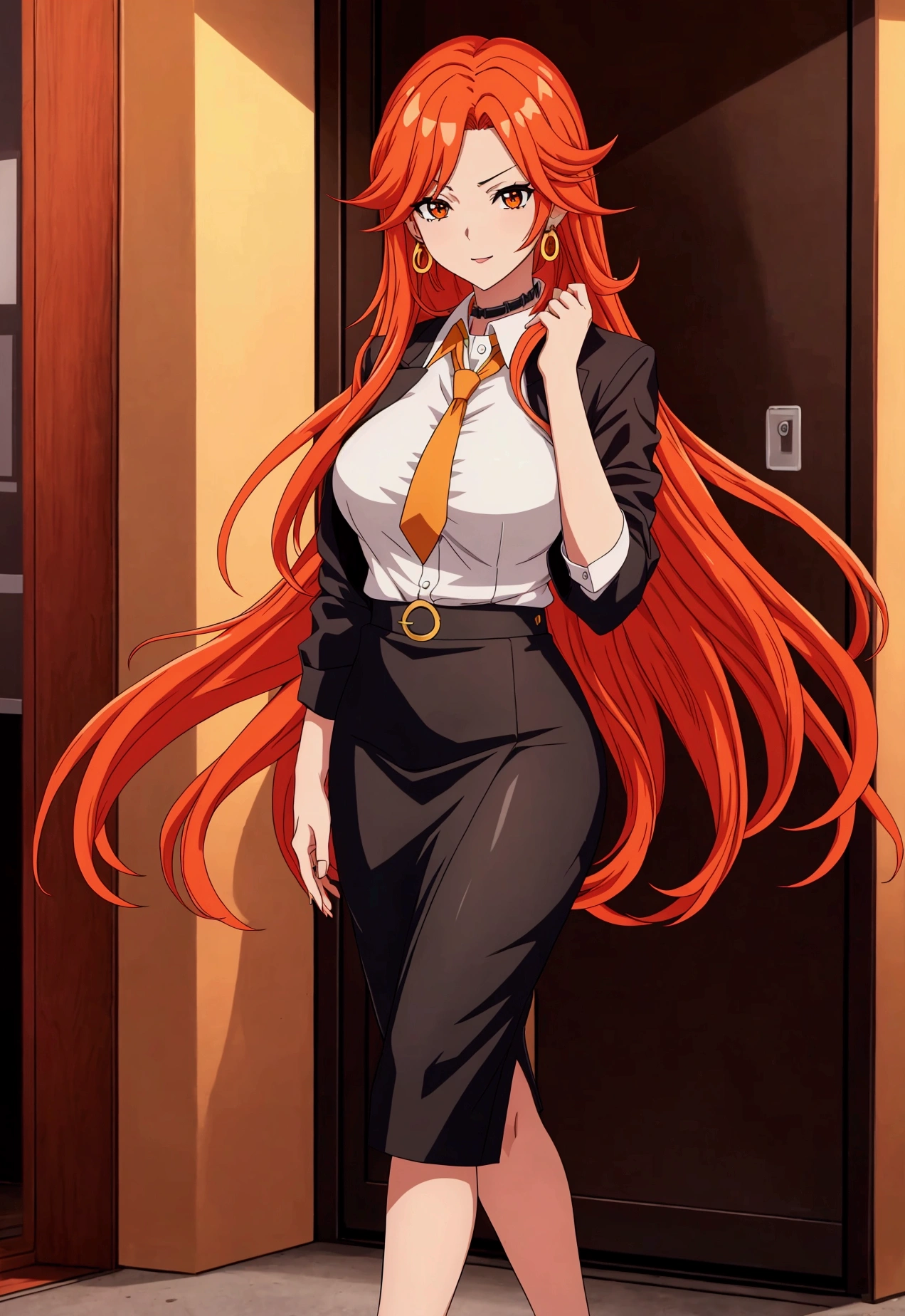 olbusiness attire，Anime girl with long red and orange hair, 28 years old，long hair anime girl, She has long orange-yellow hair., Attractive anime girl,shirt，白shirt，Black hip skirt，business attire，office，city building，现代office，Very long hair，Large Breasts,Keep files,Exciting appearance，Front view，First Perspective，high quality，16K，Exciting appearance，very clearly，Exquisite mature facial，Royal sister，Alone，Standing front，Hands hanging down，High heel，whole body