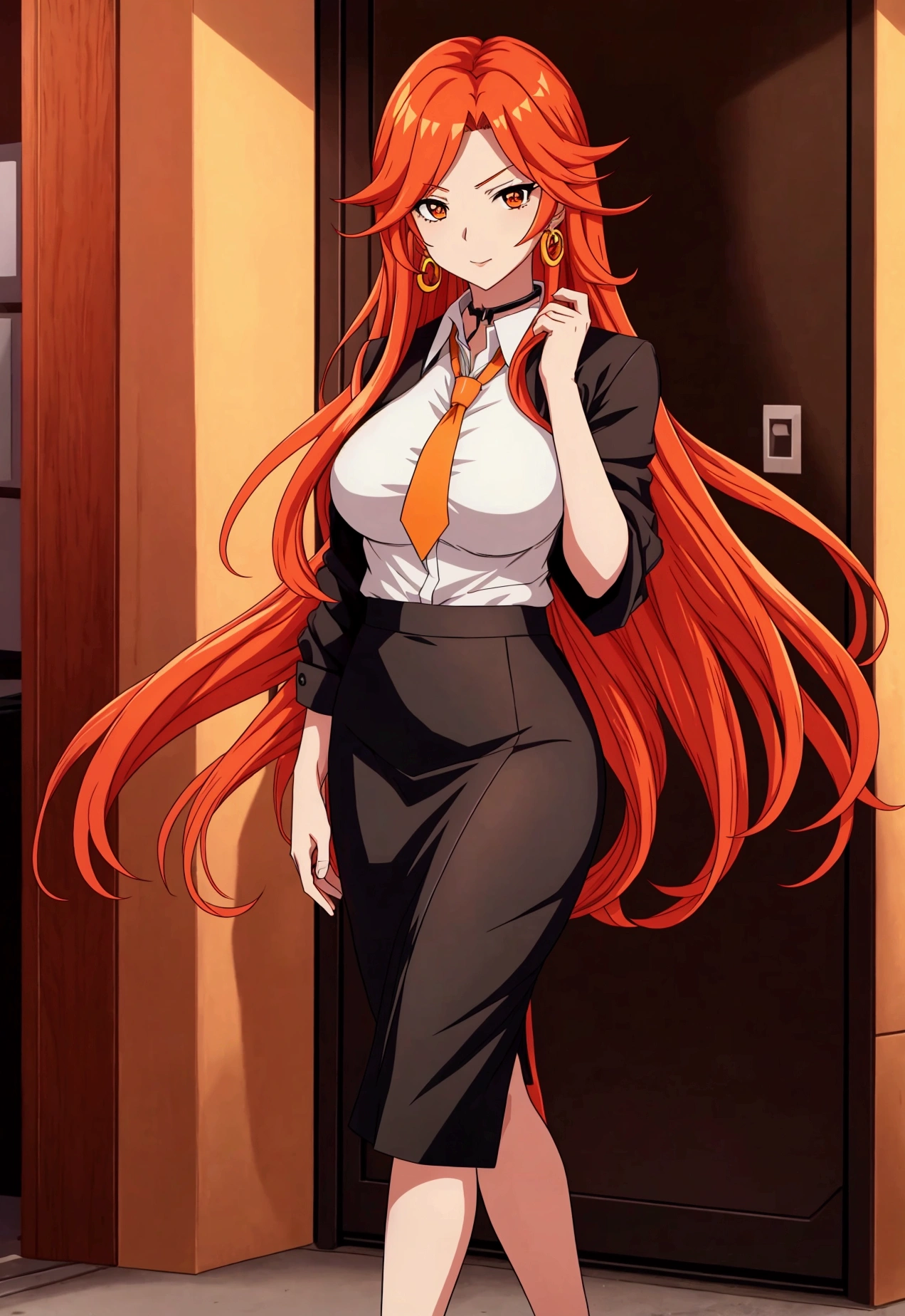 olbusiness attire,Anime girl with long red and orange hair, 28 years old,long hair anime girl, She has long orange-yellow hair., Attractive anime girl,shirt,白shirt,Black hip skirt,business attire,office,city building,现代office,Very long hair,Large Breasts,Keep files,Exciting appearance,Front view,First Perspective,high quality,16K,Exciting appearance,very clearly,Exquisite mature facial,Royal sister,Alone,Standing front,Hands hanging down,High heel,whole body