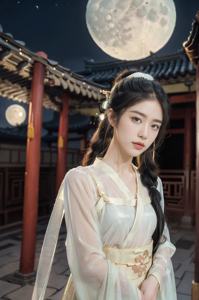 (((best quality))),(((ultra detailed))),(((masterpiece))),illustration,((1 beautiful girl,solo)),(short ponytail:1.2),((bright eyes,gentle smile)),((slim,thin)),((small breasts,flat chest)),(white see through sheer strap Hanfu:1.3),flowing fabric,serene demeanor,vibrant plants and trees,(Chinese-style architecture:1.3),tile roofs,intricate wooden carvings,rich and vivid colors,(serene glow of the moon:1.5),(((colorful clouds))),traditional Chinese garment,(((summer night,village courtyard))),((standing,arms behind back)),((from front,upper body))