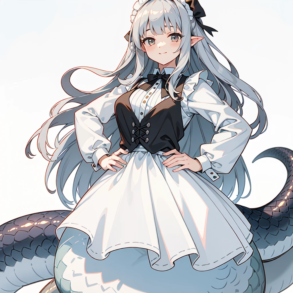 masterpiece, best quality, ultra high quality, 1girl, solo, young with long hair, curly hair, gray hair, blunt bangs, small breasts, neutral, kind smile, onee-chan, wearing a victorian white dress, maid, victorian dress, apron, leggings, black pantyhose, (upper body close up), standing, close-up, hands on hips, detailed hands, white background, simple background, lamia,long tail