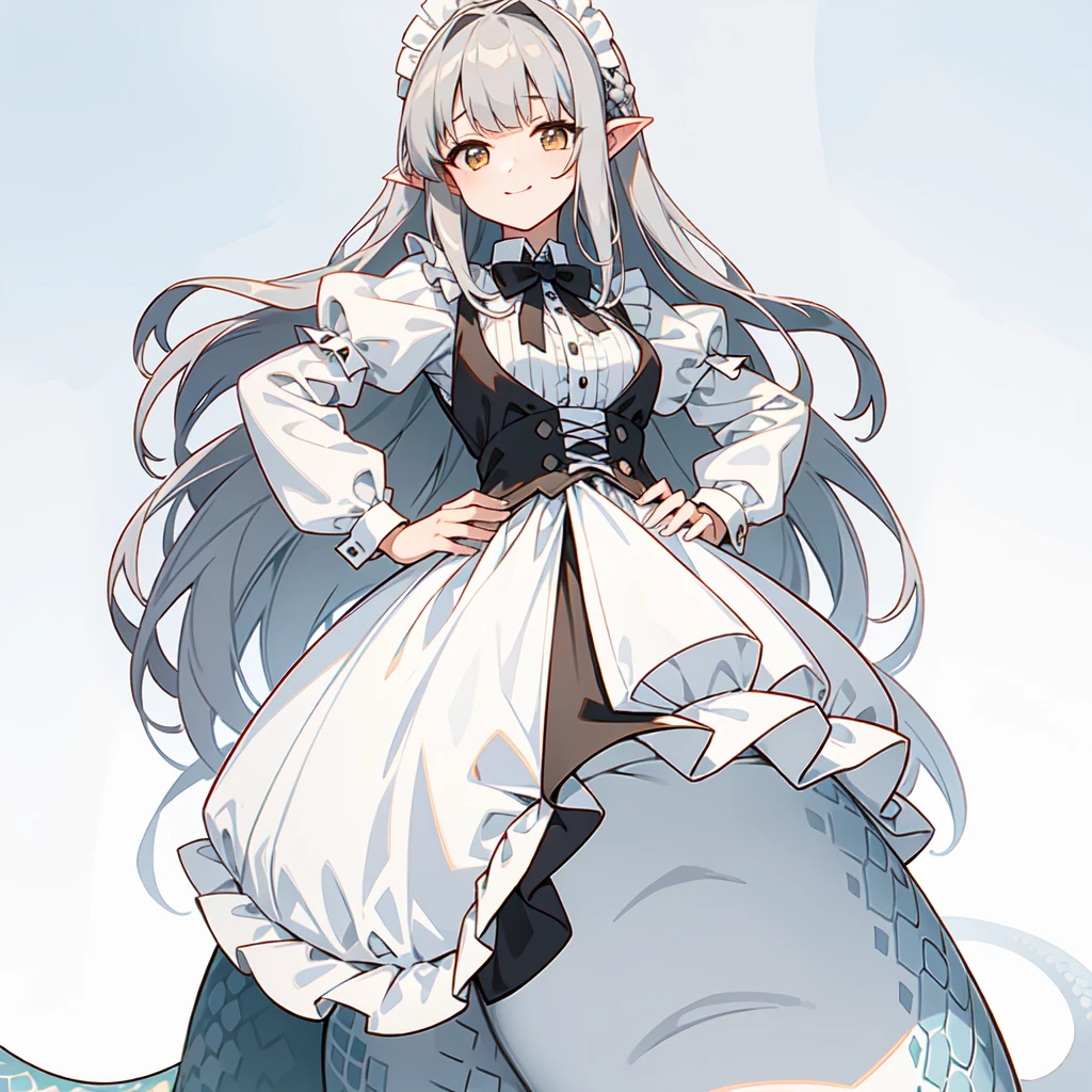 masterpiece, best quality, ultra high quality, 1girl, solo, young with long hair, curly hair, gray hair, blunt bangs, small breasts, neutral, kind smile, onee-chan, wearing a victorian white dress, maid, victorian dress, apron, leggings, black pantyhose, (upper body close up), standing, close-up, hands on hips, detailed hands, white background, simple background, lamia,long tail