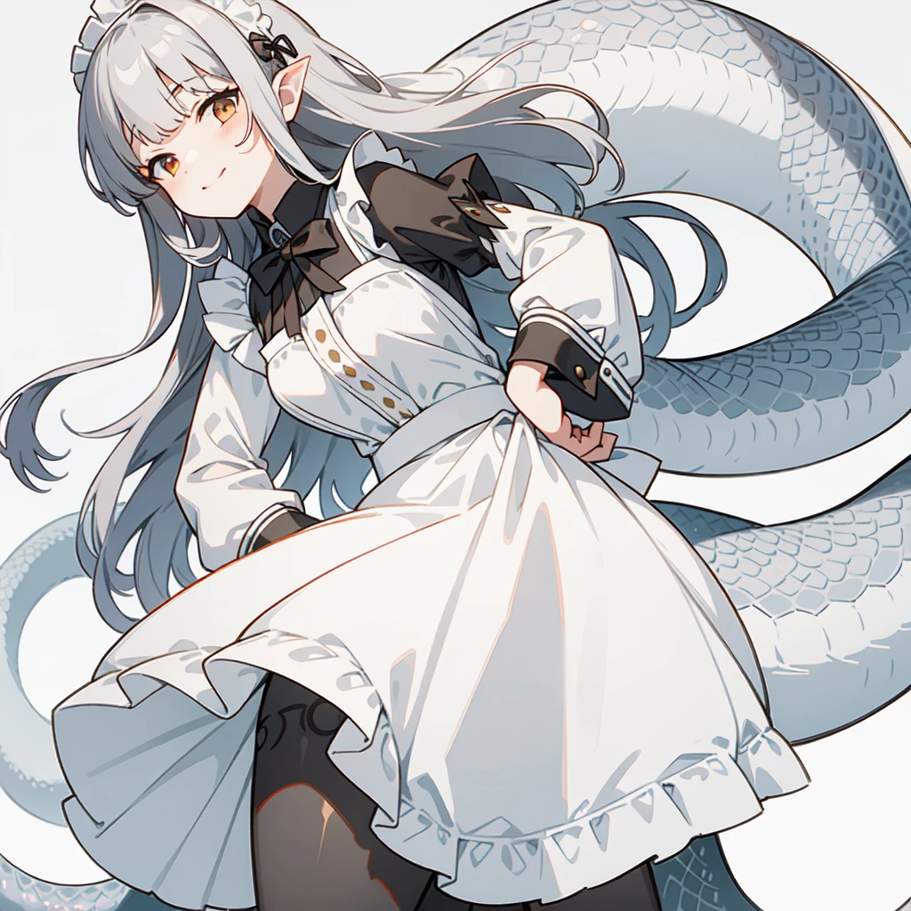 masterpiece, best quality, ultra high quality, 1girl, solo, young with long hair, curly hair, gray hair, blunt bangs, small breasts, neutral, kind smile, onee-chan, wearing a victorian white dress, maid, victorian dress, apron, leggings, black pantyhose, (upper body close up), standing, close-up, hands on hips, detailed hands, white background, simple background, lamia,long tail