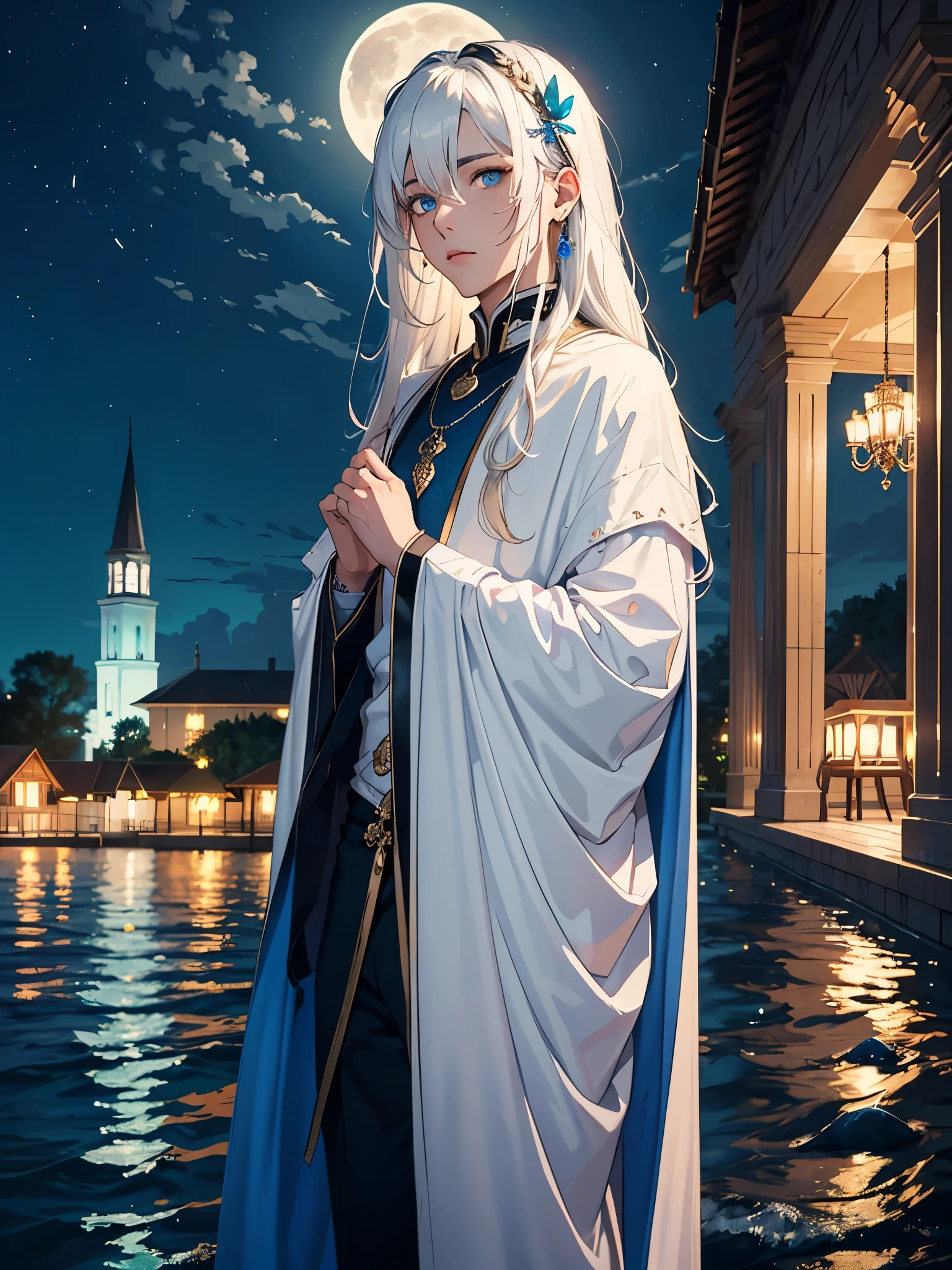 boy. Boy. tao. silver jewelry. feminineer. White clothing. Light blue. feminine. Long hair. long white hair. aquatic, boy, Goddess of the Moon, silver hair accessories, White hair, White dress, cape, at night, saturated colors, light eyes, bright, light blue light, blue eyes, Jewelry silver, bluish light, Full moon in the background, aquatic in the air pink candles