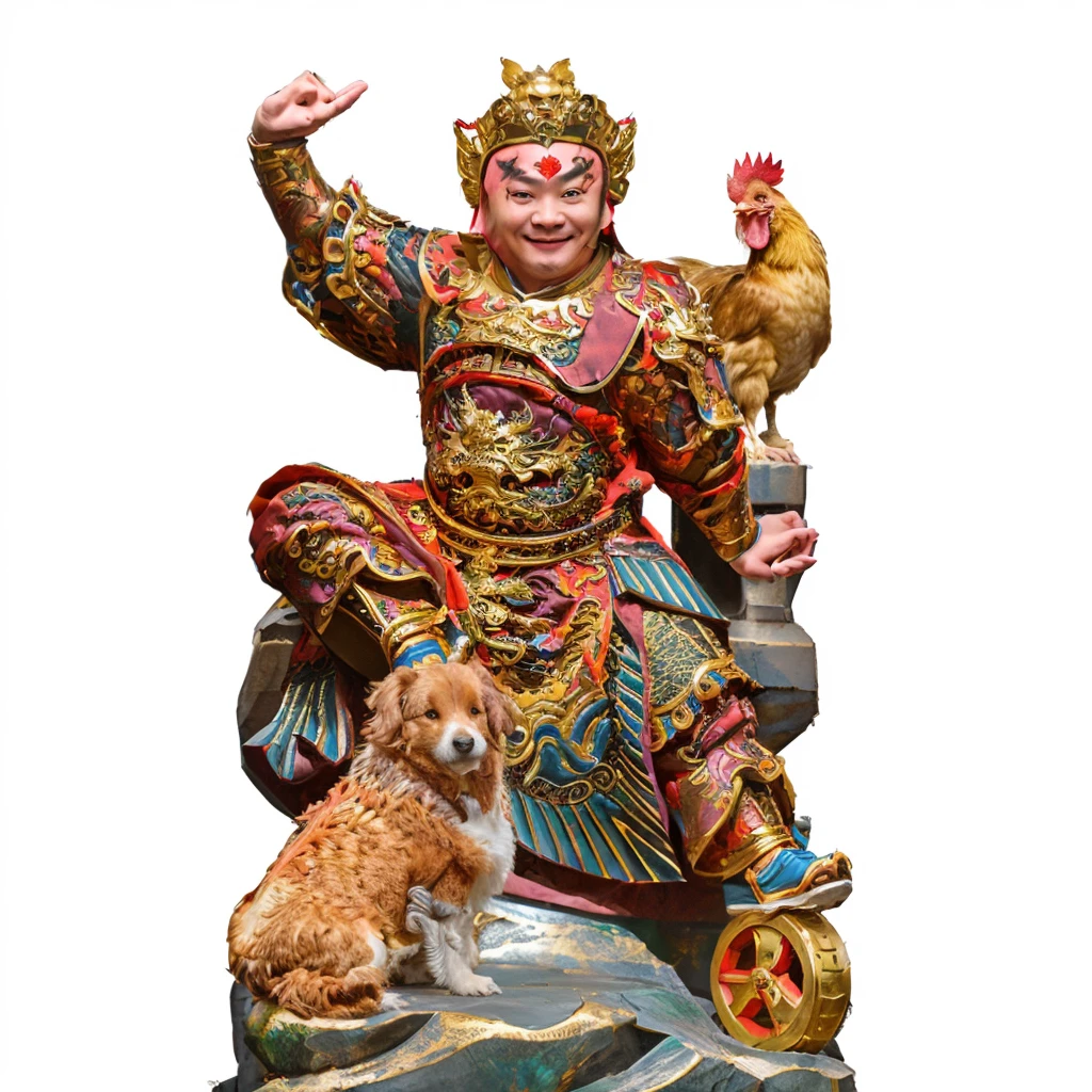 a young chinese man wearing dragon robe and armour. a dog, a rooster, chinese mythology, stepping a golden wheel, no hair, smilling