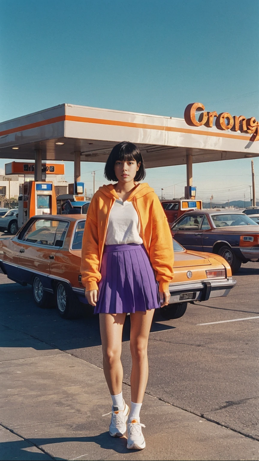 (medium long shot) portrait of cute 23 yo girl ,wear ((orange color oversized_hoodie)), wear ((purple tennis skirt)),looking front,Best Quality,Masterpiece,Ultra High Resolution,(Realisticity:1.4),Original Photo, 1Girl, light leak,ultra high resolution,UHD,beautiful, (black bob hair), almond eye, no makeup, in front of ((80's los angels gas station)), (realistic:1.2), (surreal:1.3), (very detailed:1.1), ((masterpiece)),summer, blue sky, palm trees,sunny, los angles vibes,film camera, 800mm lens,style of Philip Lorca diCorcia