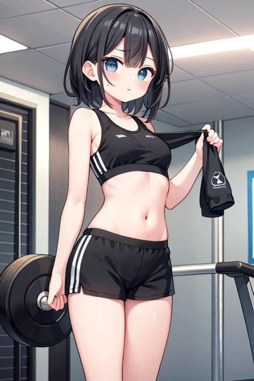 girl、、Gym、sports bra、Black shorts、small breasts、raw milk、incontinence