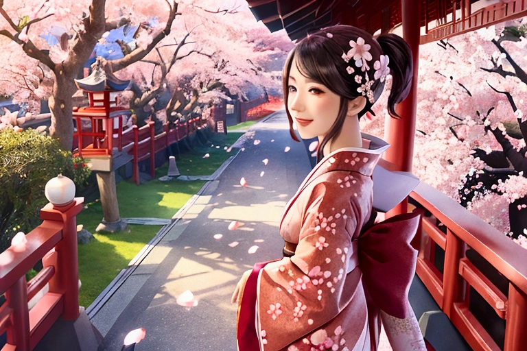 Japanese temple and cherry blossom tree、A woman in a kimono is strolling、Cherry blossom petals are falling。