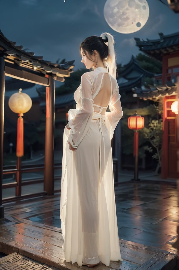 (((best quality))),(((ultra detailed))),(((masterpiece))),illustration,((1 beautiful girl,solo)),(short ponytail:1.2),((bright eyes,gentle smile)),((slim,thin)),((bare back,towering hips,butt crack)),(white see through sheer Hanfu:1.3),flowing fabric,serene demeanor,vibrant plants and trees,(Chinese-style architecture:1.3),tile roofs,intricate wooden carvings,rich and vivid colors,(serene glow of the moon:1.5),(((colorful clouds))),traditional Chinese garment,(((summer night,village courtyard))),((standing)),((from back,upper body))