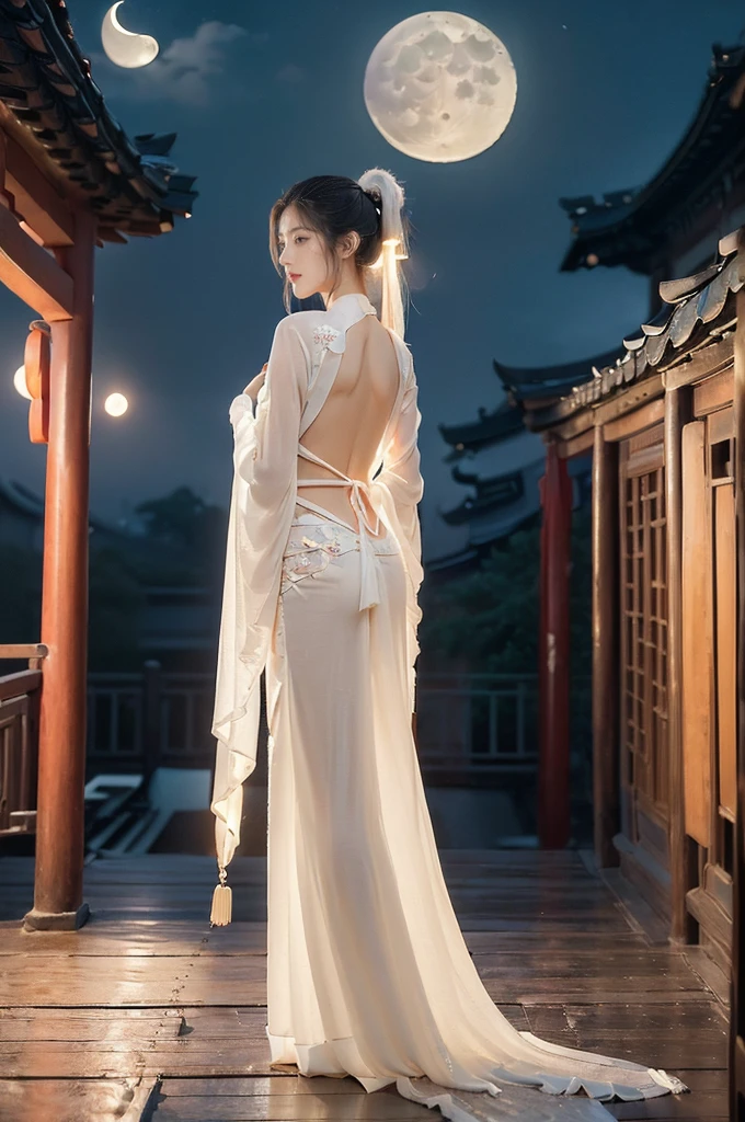 (((best quality))),(((ultra detailed))),(((masterpiece))),illustration,((1 beautiful girl,solo)),(short ponytail:1.2),((bright eyes,gentle smile)),((slim,thin)),((bare back,towering hips,butt crack)),(white see through sheer Hanfu:1.3),flowing fabric,serene demeanor,vibrant plants and trees,(Chinese-style architecture:1.3),tile roofs,intricate wooden carvings,rich and vivid colors,(serene glow of the moon:1.5),(((colorful clouds))),traditional Chinese garment,(((summer night,village courtyard))),((standing)),((from back,upper body))