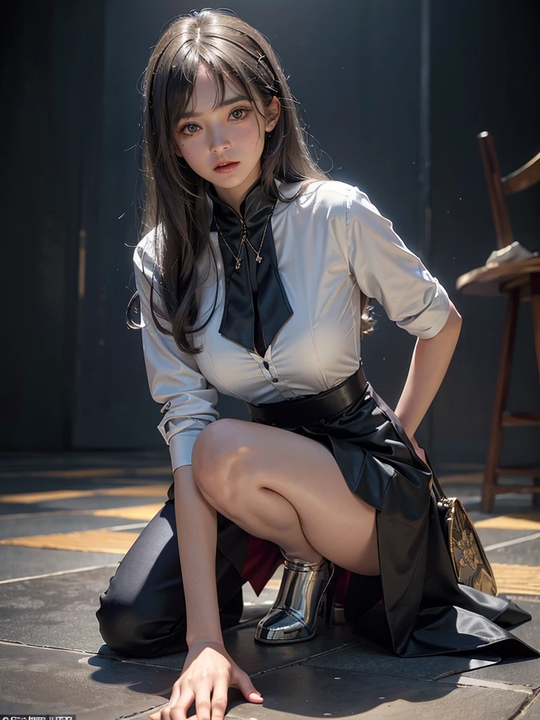 Female Hyperrealist Portraits by David Hockney and Alphonse Mucha、Fantasy art、Photorealistic、Dynamic Lighting、Art Station、Poster、Volumetric lighting、Highly detailed face、4k yen、Award-winning、、One Girl、dark、Deep Shadow、Low Key、Cowboy Shot、(Formula Services:1.4)、Hair length、Gray Hair、(mini skirt、Upturned buttocks、Fair skin、cute、Embarrassing、Super Beauty、Flipped、She gets on all fours, sticking her big ass out towards the viewer.、Staring at the audience、)