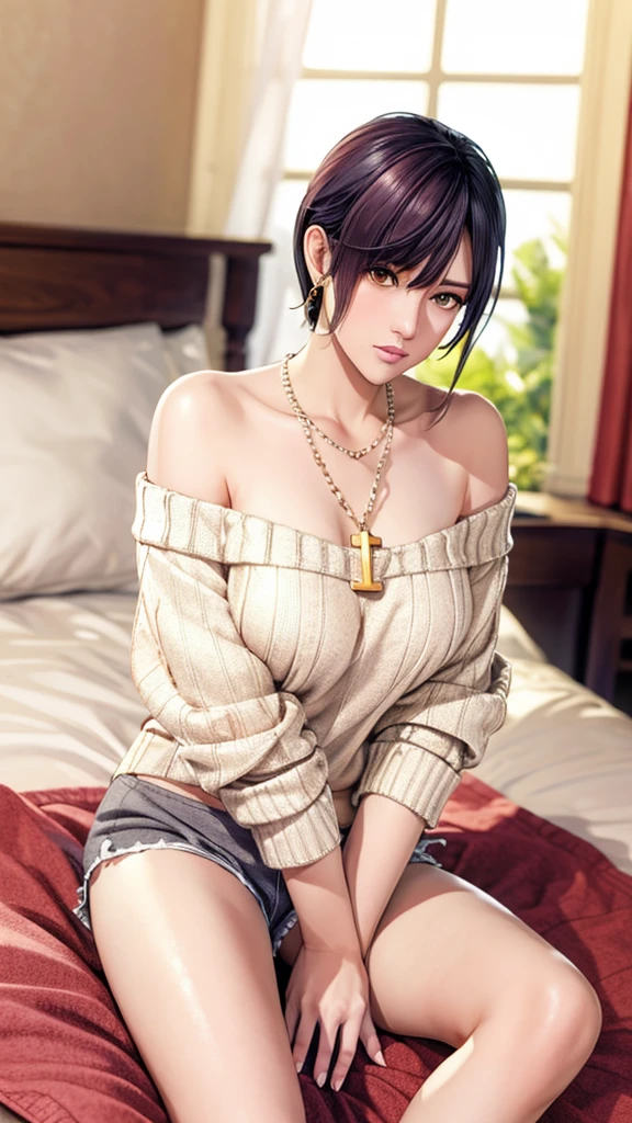 nagisa, (off-shoulder sweater, oversized sweater), (hiden short pants), (cross-legged sitting, hands lying on thighs), on bed, best quality, masterpiece, earrings, necklace,