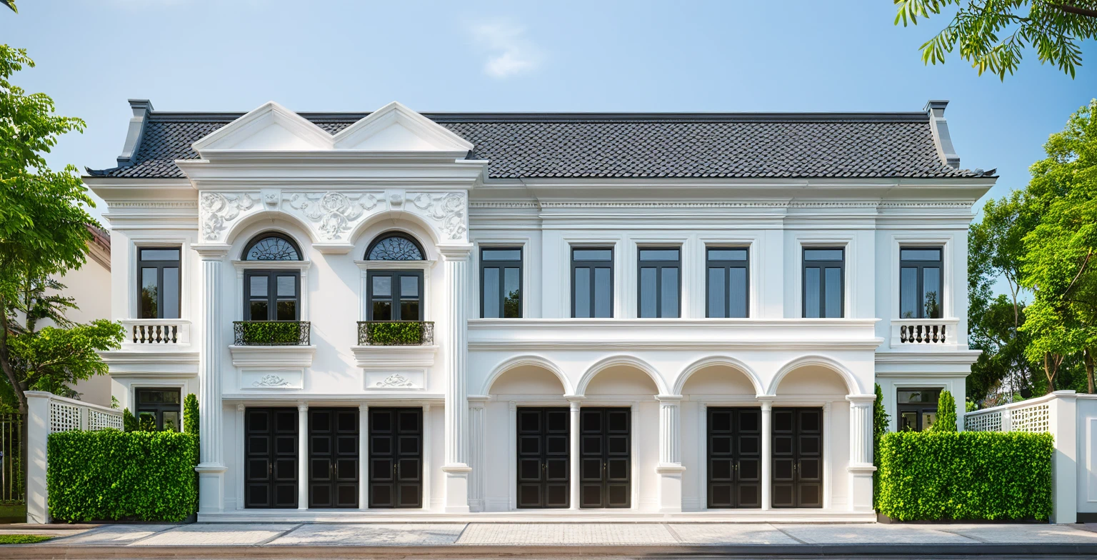 neo classical villa on street, (daylight), tropical tree, vivid colour, streetcapes, white tone, nice detail, white wall, large glass door, warm interior lighting, best quality, masterpiece, ultra realistic