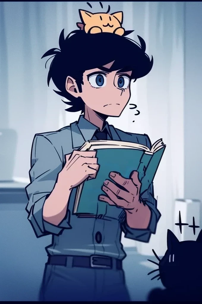 Draw a picture of a man about with black hair, reading a book, and there is a small puppy on his head.