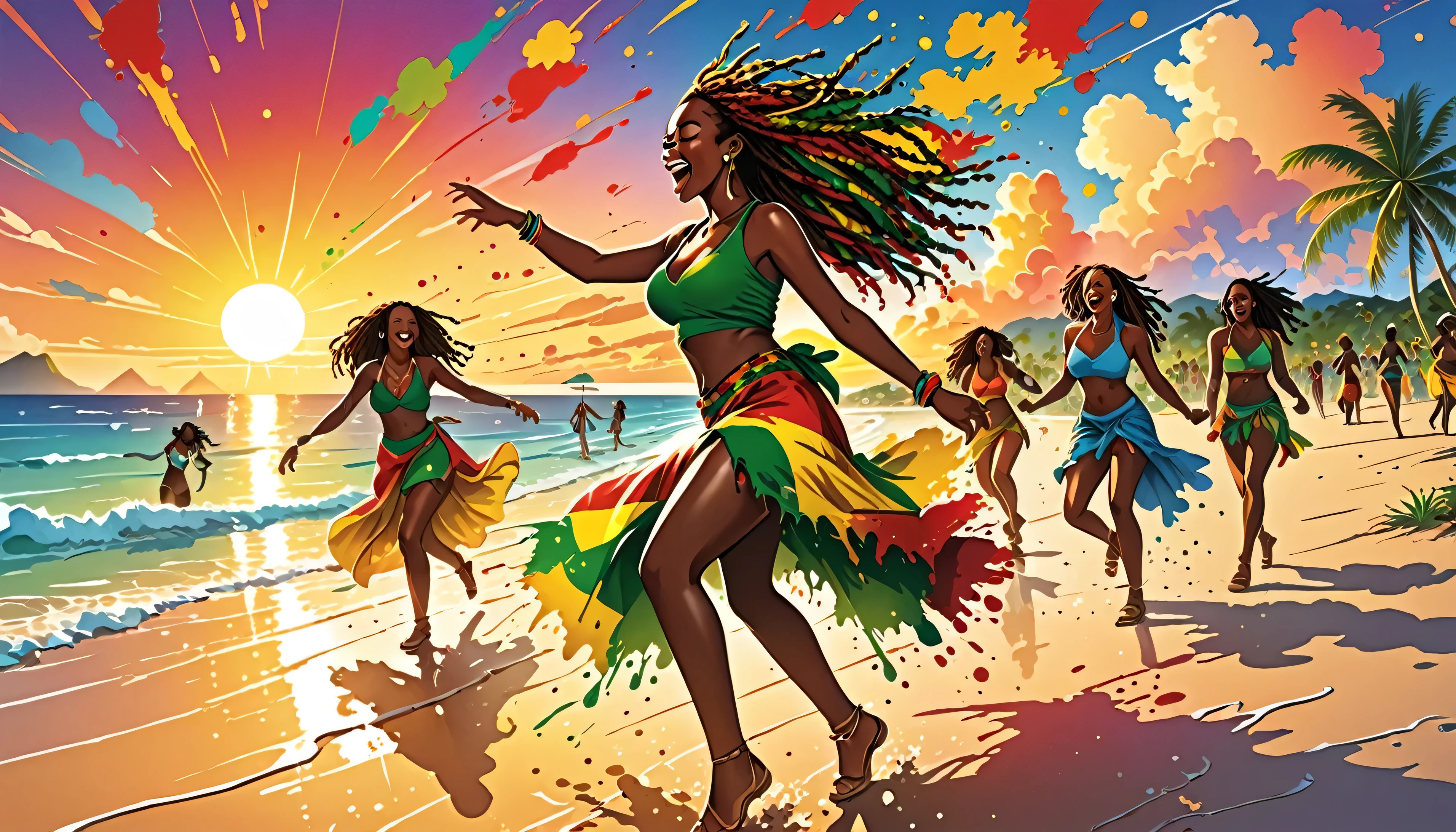 Vector art, Lots of Jamaican Reggae, Authentic Jamaican reggae music atmosphere,Color illustrations, in the center, Vibrant colors, Paint splatters and stains, High detail,
Beach at sunset,The women dance