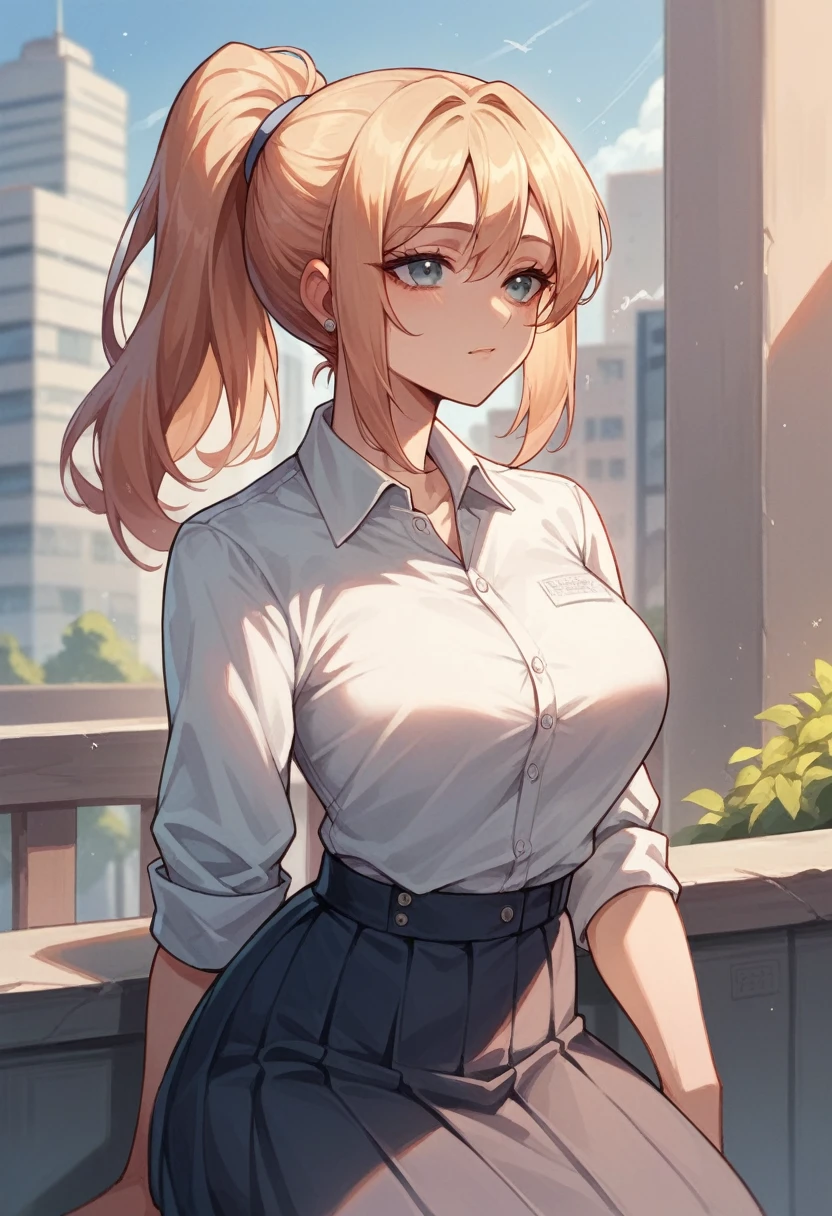 Lovely face,adult,university student 25years old,Coquettish,elegance,ponytail hair ,skirt, shirt