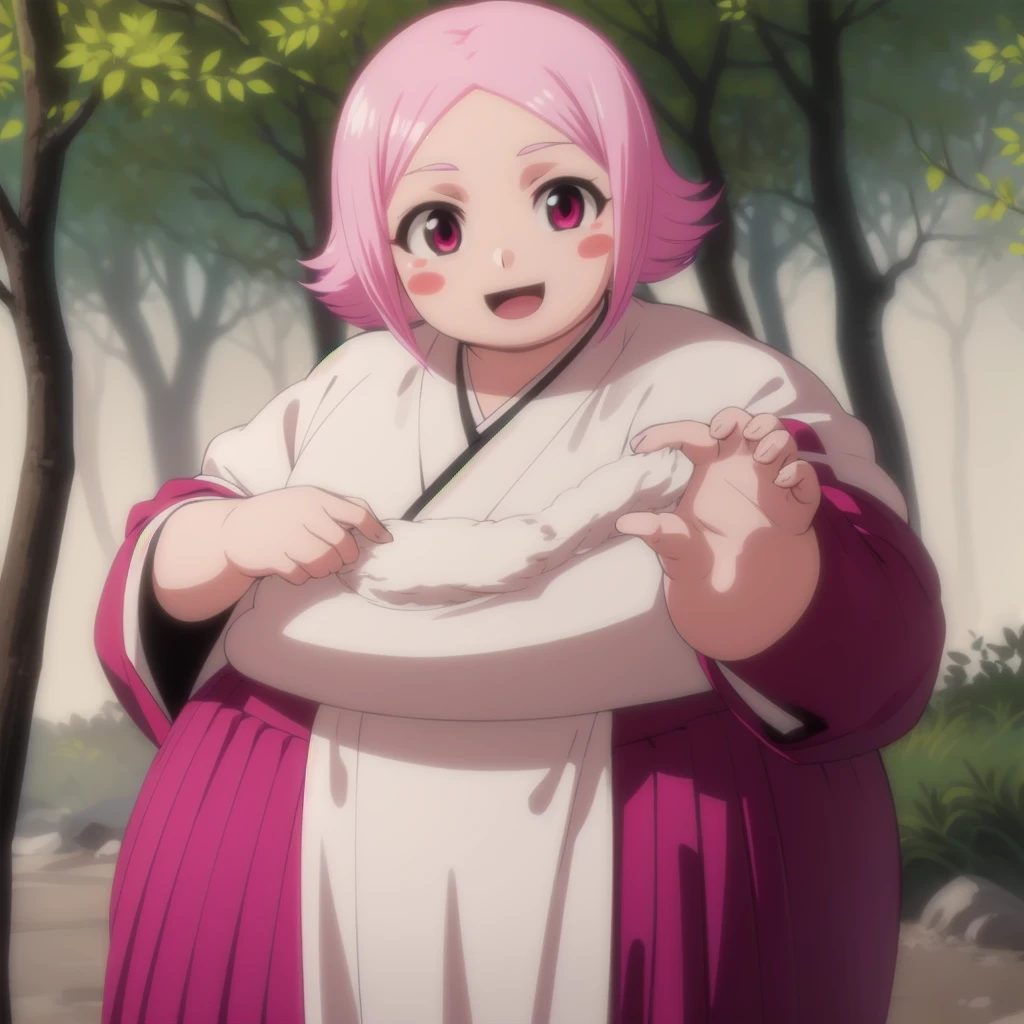 yachirukusajishi, yachiru kusajishi, short hair, pink hair, (pink eyes:1.5), blush stickers, open mouth, forehead,
BREAK long sleeves, japanese clothes, hakama, black hakama,
BREAK outdoors,
BREAK looking at viewer, (cowboy shot:1.5),
BREAK (masterpiece:1.2), best quality, high resolution, unity 8k wallpaper, (illustration:0.8), (beautiful detailed eyes:1.6), extremely detailed face, perfect lighting, extremely detailed CG, (perfect hands, perfect anatomy), standing, shy, smile, blush, solo, 1girl, SSBBW yachiru kusajishi, big cheeks, ssbbw, severely obese ,600lbs obese female, no pupils, ultra detailed, masterpiece, best quality, aesthetic, detailed, Fluffy and Fat Face, Big Butt, Big Cheeks, Obese Body, Sexy, Obese Girl, oddeye, Happy, Cute Expression, Very Hot, NSFW Art