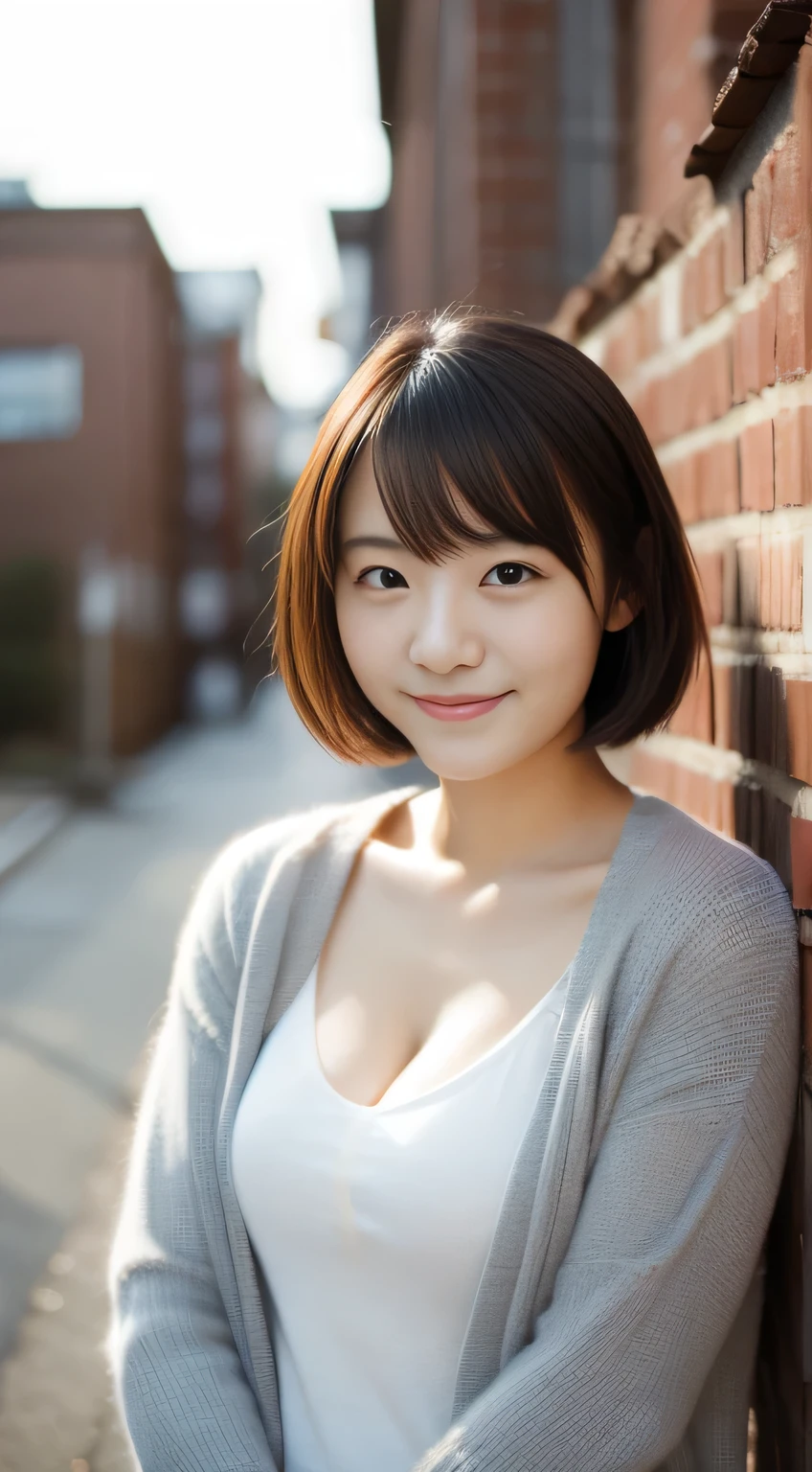 masterpiece,best quality,(Japanese ),((Beautiful girl)),cleavage,(perfect body beauty:1.2),(shy smile),(Blurred background of brick buildings),