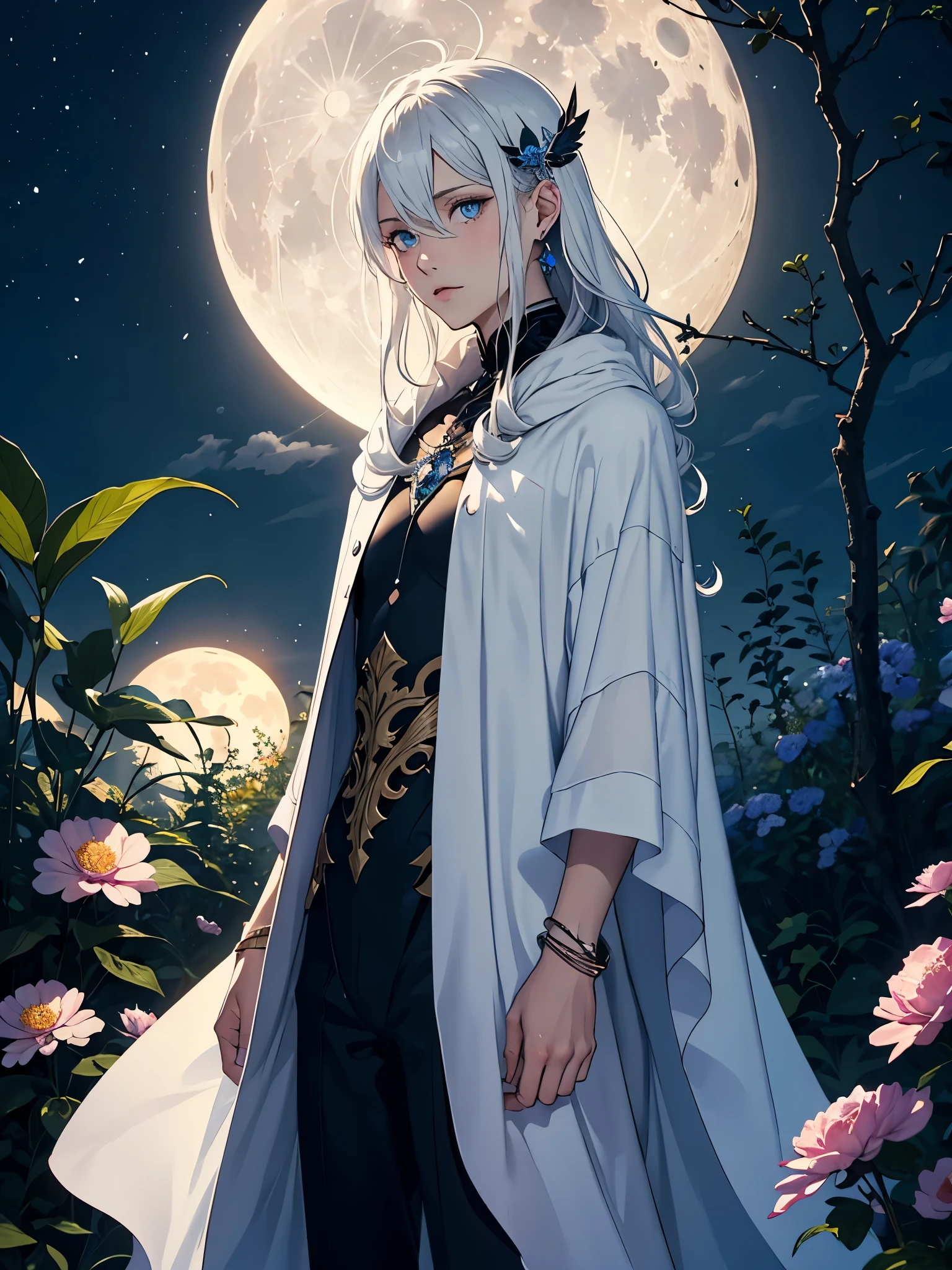 Weiblicher. Mit Rosa kerzen und hellblaue blumen. Long hair. long white hair. aquatic, boy, Goddess of the Moon, silver hair accessories, White hair, White dress, cape, at night, saturated colors, light eyes, bright, light blue light, blue eyes, Jewelry silver, bluish light, Full moon in the background, aquatic in der Luft rosa kerzen