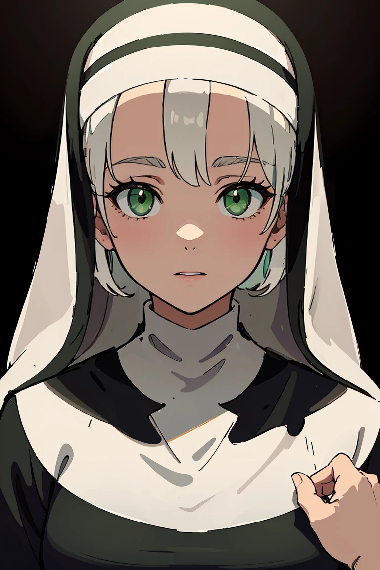 masterpiece, best quality, highly detailed background, perfect lighting, best quality, (extremely detailed face), volumetric lighting, intricate details, shadow, tonemapping, sharp focus, hyper detailed, trending on Artstation, (solo) ((Looking at the viewer)) (White hair) ((thin)) ((friendly face)) ((green eyes)) ((nun)) ((dressed as a nun))