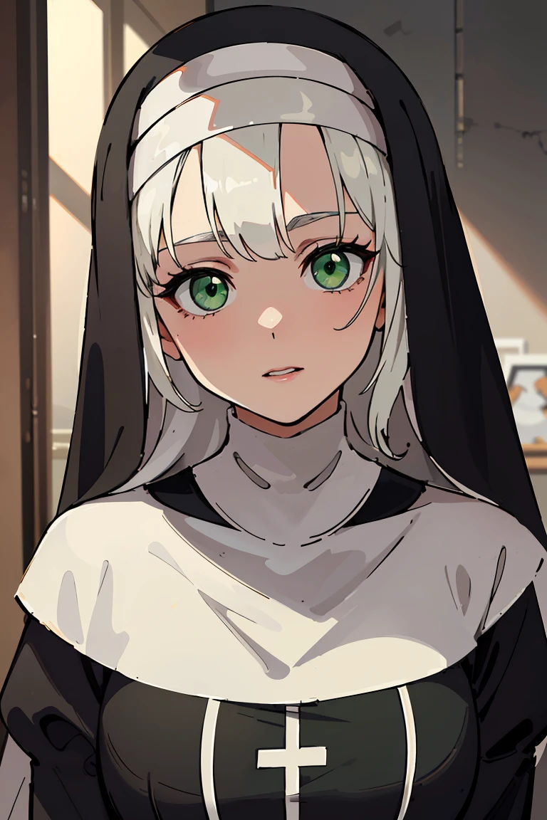 masterpiece, best quality, highly detailed background, perfect lighting, best quality, (extremely detailed face), volumetric lighting, intricate details, shadow, tonemapping, sharp focus, hyper detailed, trending on Artstation, (solo) ((Looking at the viewer)) (White hair) ((thin)) ((friendly face)) ((green eyes)) ((nun)) ((dressed as a nun))