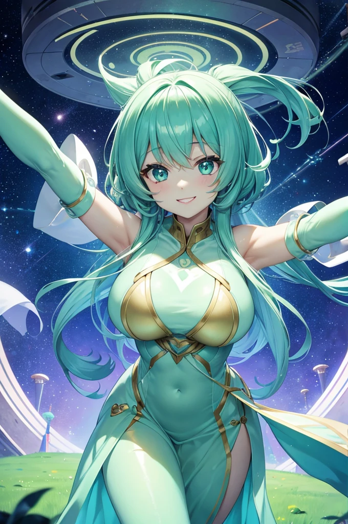 Teleportation: Swirling light, warp, doorway to another dimension
Spaceship: Futuristic design, high-tech gadgets, zero gravity
Aliens: Green skin, large eyes, friendly demeanor, different culture
Welcome: Arms open wide, smiles, warm atmosphere, waving flags