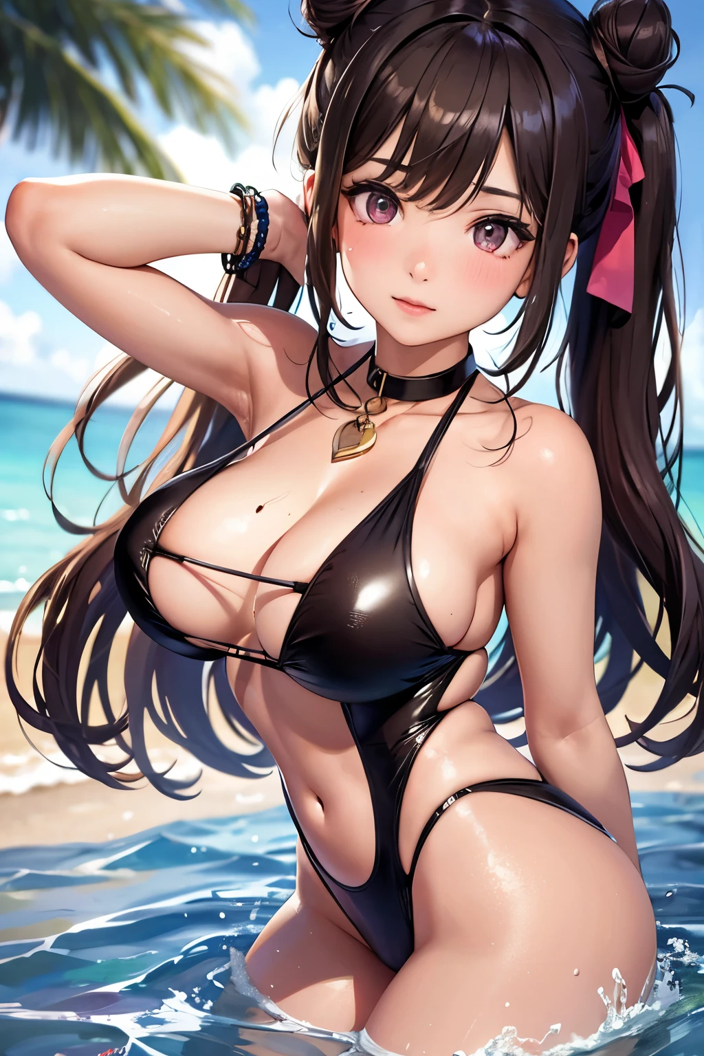 masterpiece, best quality, very detailed, high resolution, expensive resolution, high resolution, 4K, 8k, Unity 8k wallpaper, highly detailed CG, masterpiece, 2D, 3D, beautiful details, depth, fine texture, best quality: 1.3, perfect focus, crisp skin, him,
Very cute anime girl, swimsuit style, expensive brown hair in twin tail bun, cute swimsuit style,
Mole under eye, look at the beholder, expensive, blush, mole, open lips, pink eyes, heart shaped choker