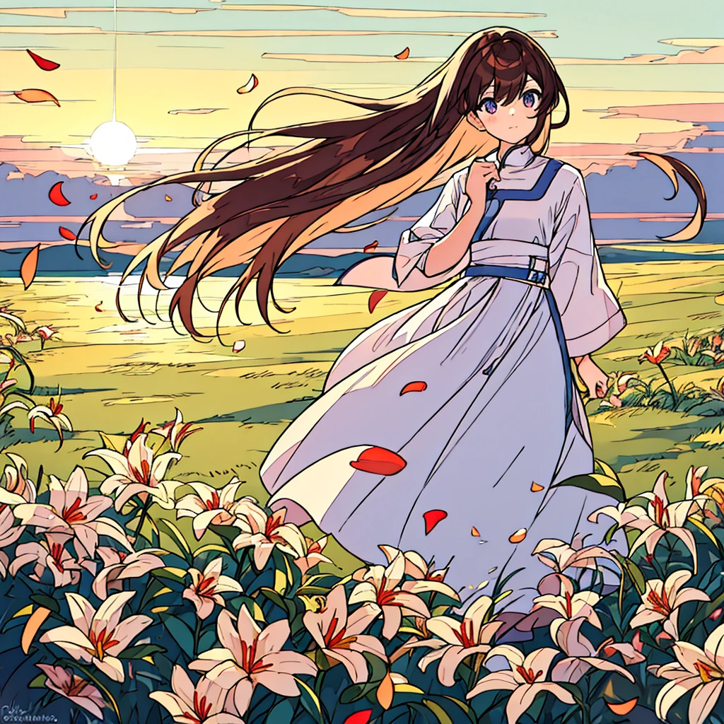 Plain sunset colored background A girl with bronze hair and white clothes Lilies Simple Chic Summer Plains Petals fluttering Wind blowing